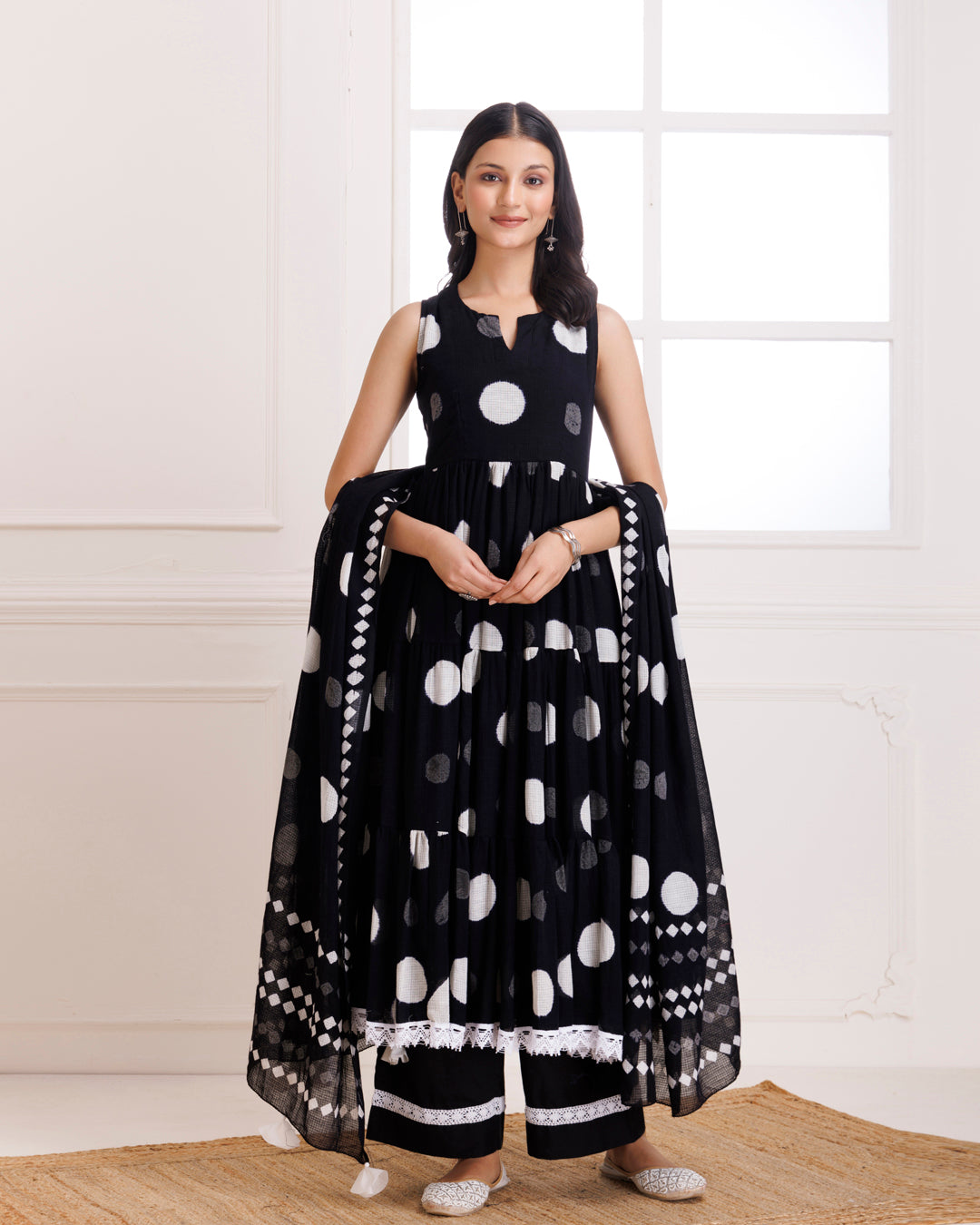 Polka Dot Handblock Print Black Anarkali Suit