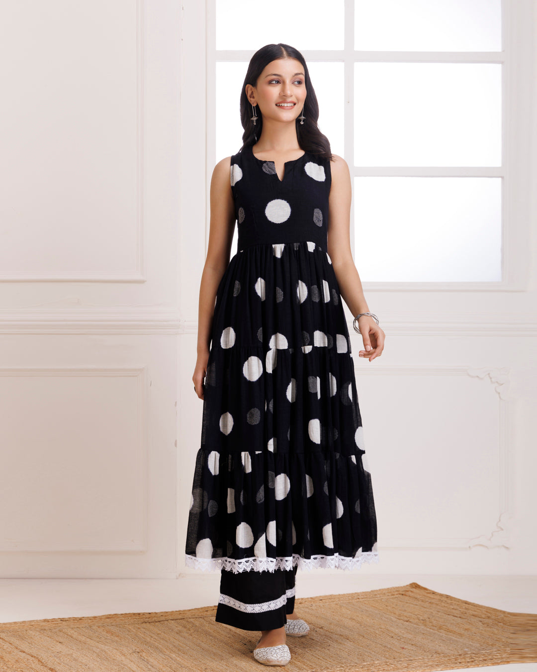 Polka Dot Handblock Print Black Anarkali Suit