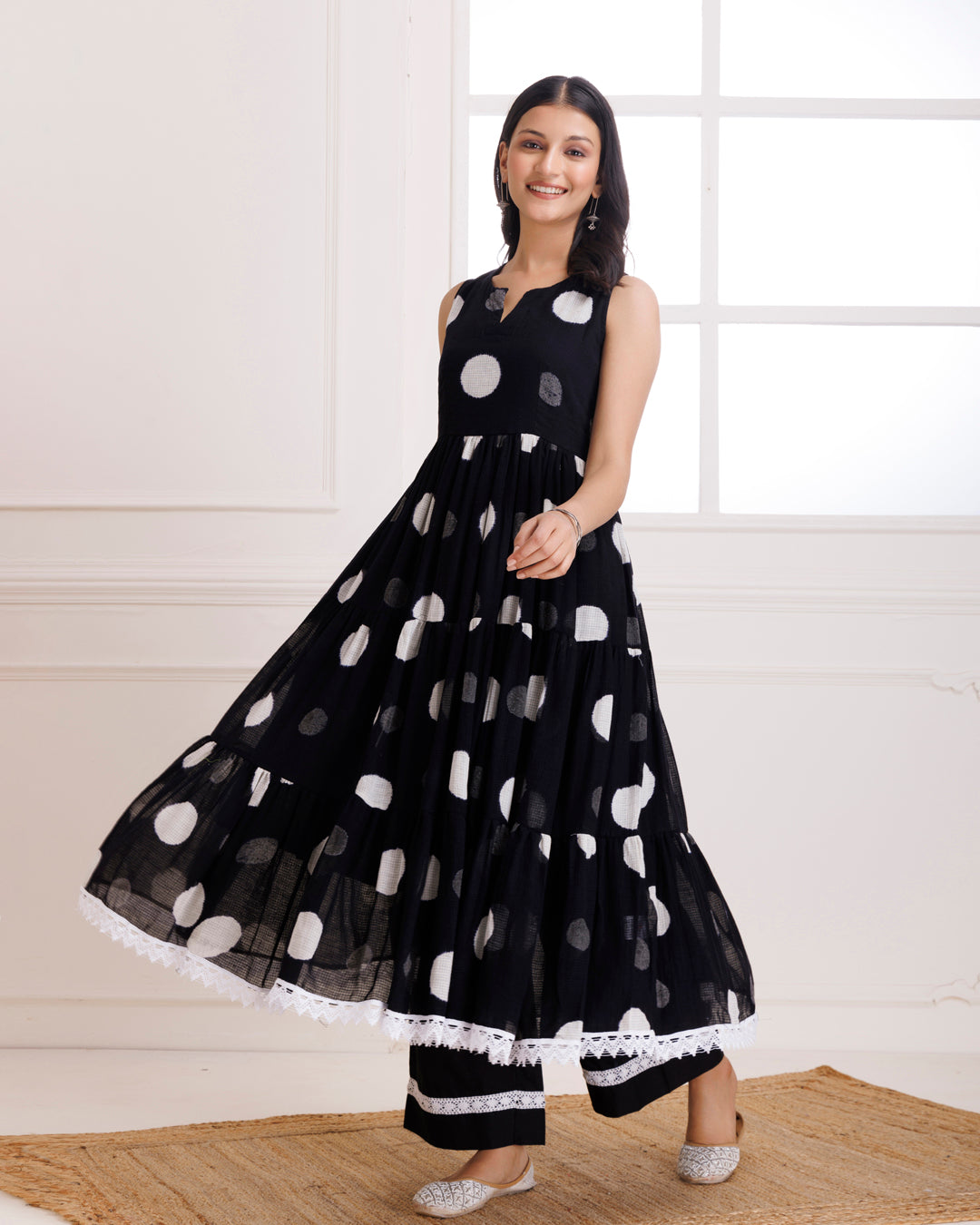 Polka Dot Handblock Print Black Anarkali Suit