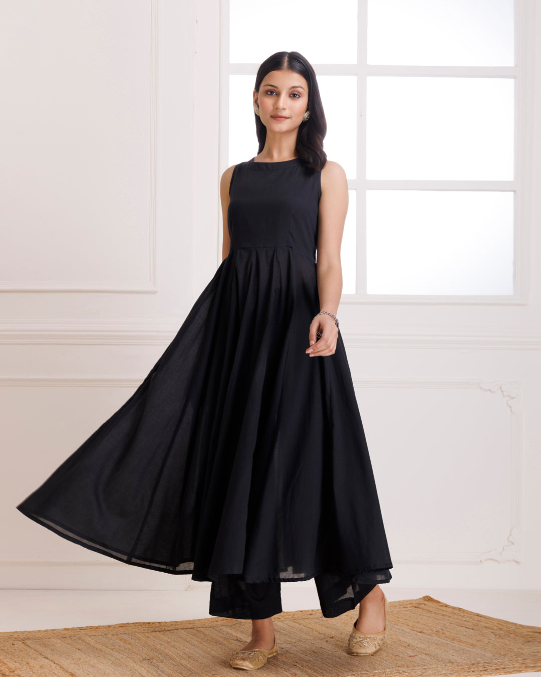Handblock Printed Black Mulmul Anarkali Suit