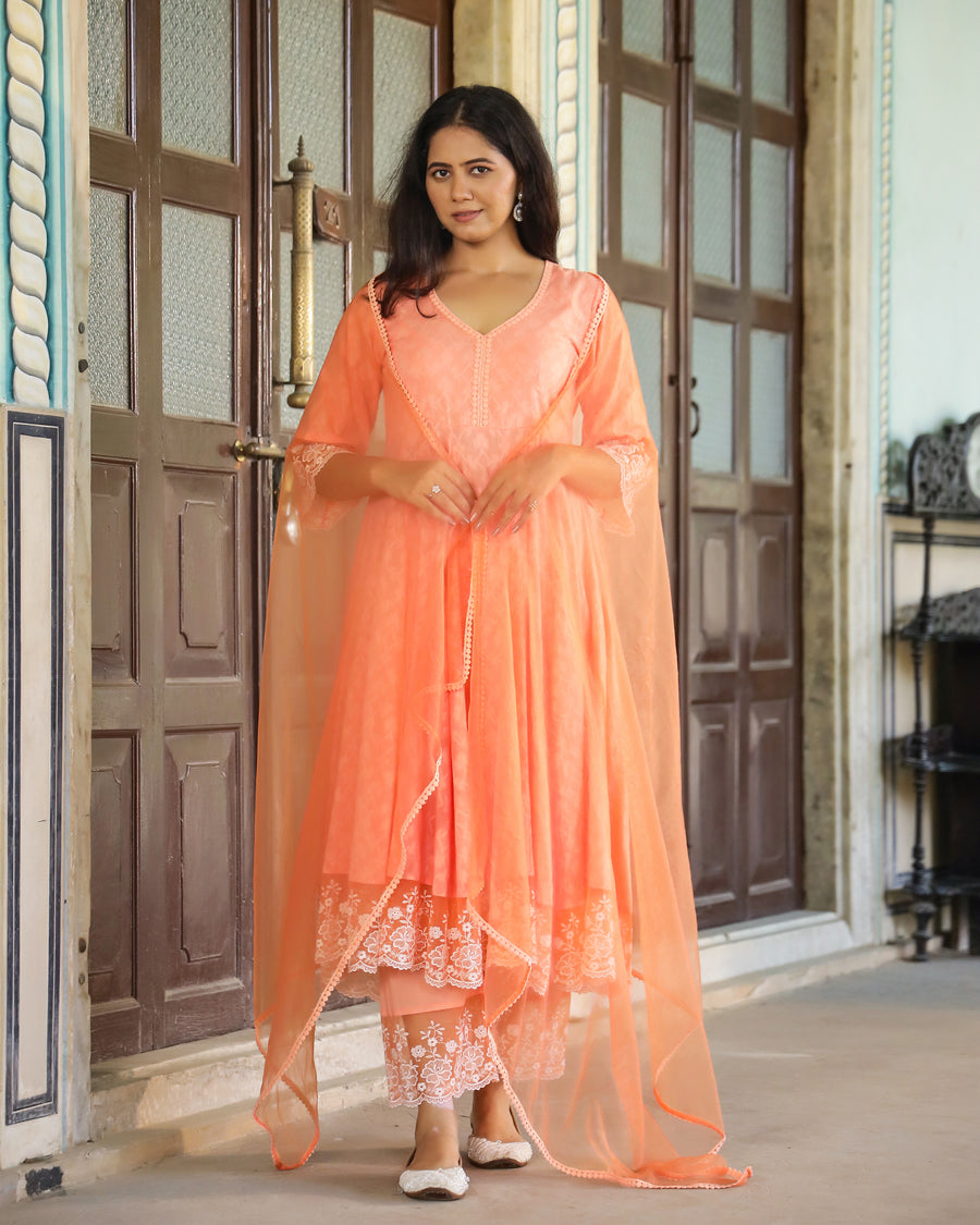Peach Dobby Cotton Anarkali Suit