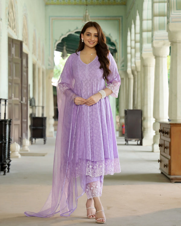 Lilac Lace Dobby Cotton Anarkali Suit Set