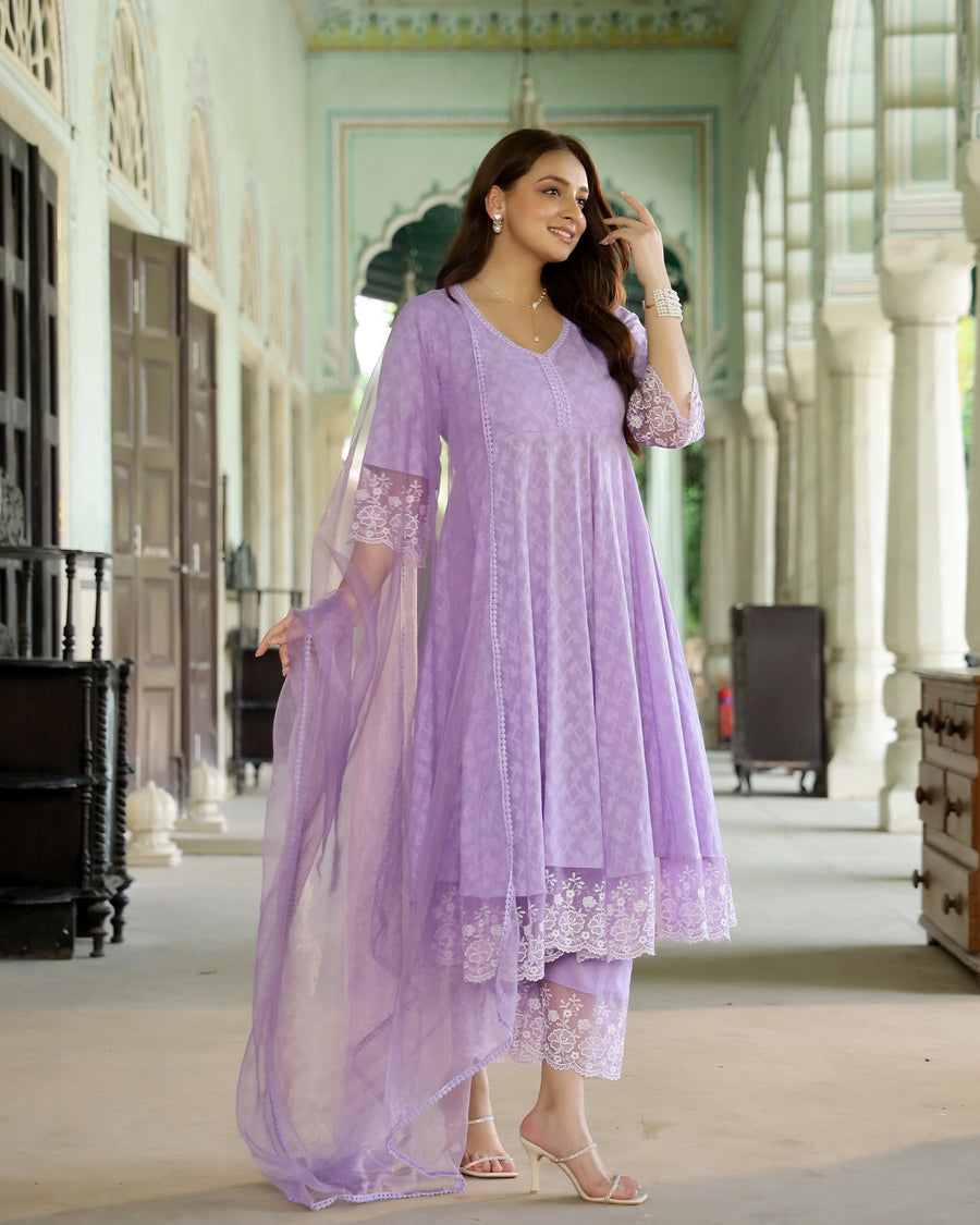 Lilac Lace Dobby Cotton Anarkali Suit