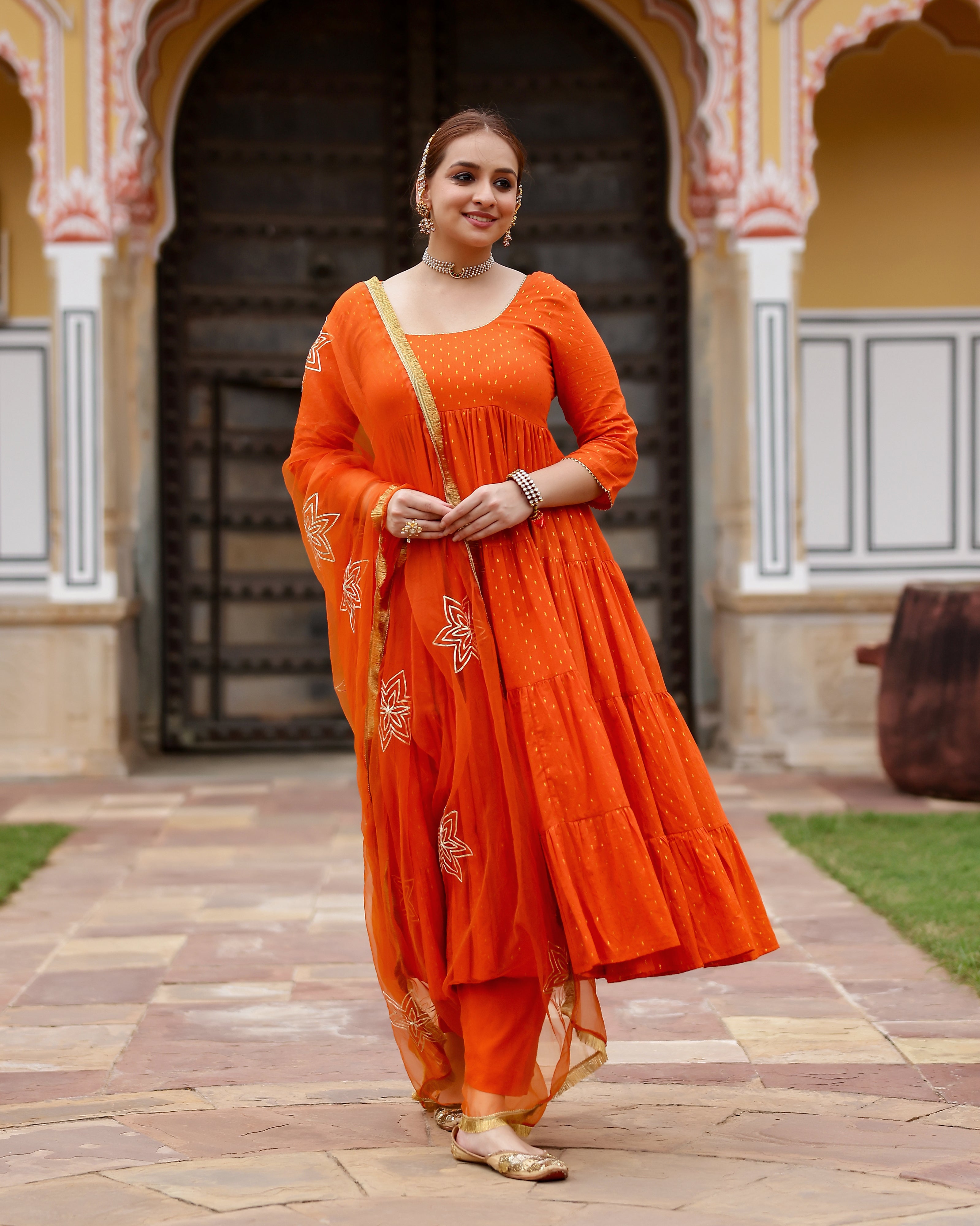 Orange Gota Work Lurex Anarkali Suit