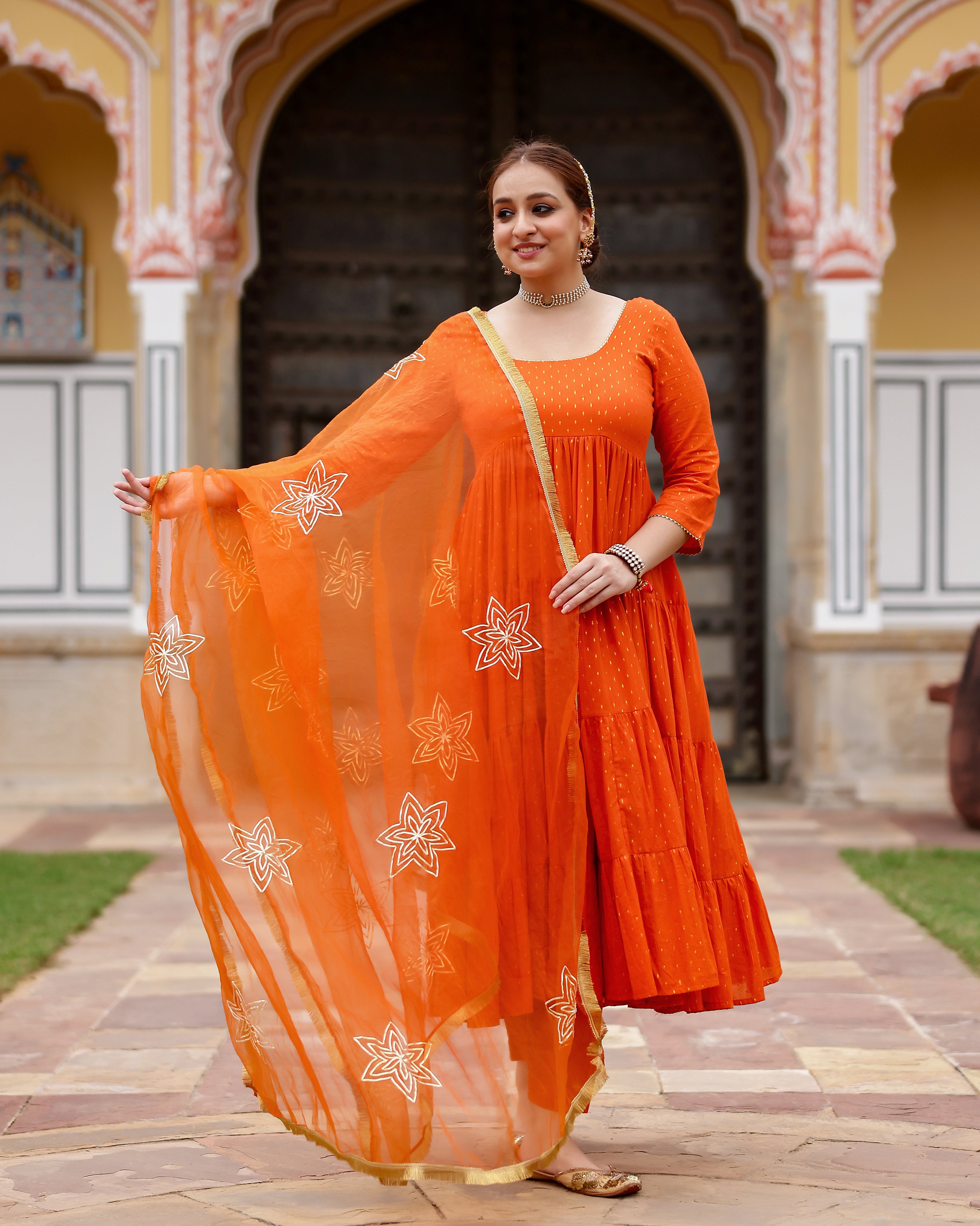 Orange Gota Work Lurex Anarkali Suit