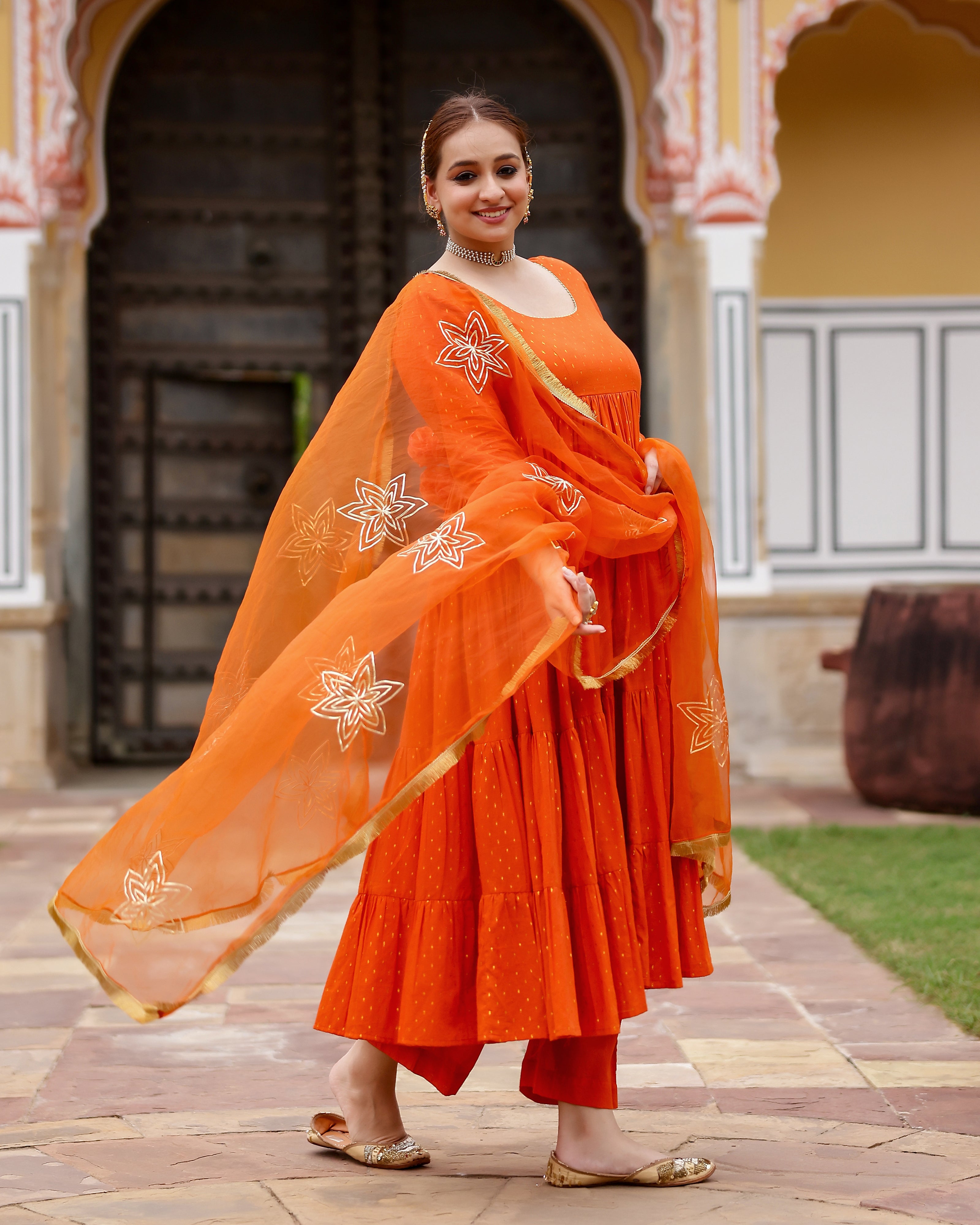 Orange Gota Work Lurex Anarkali Suit