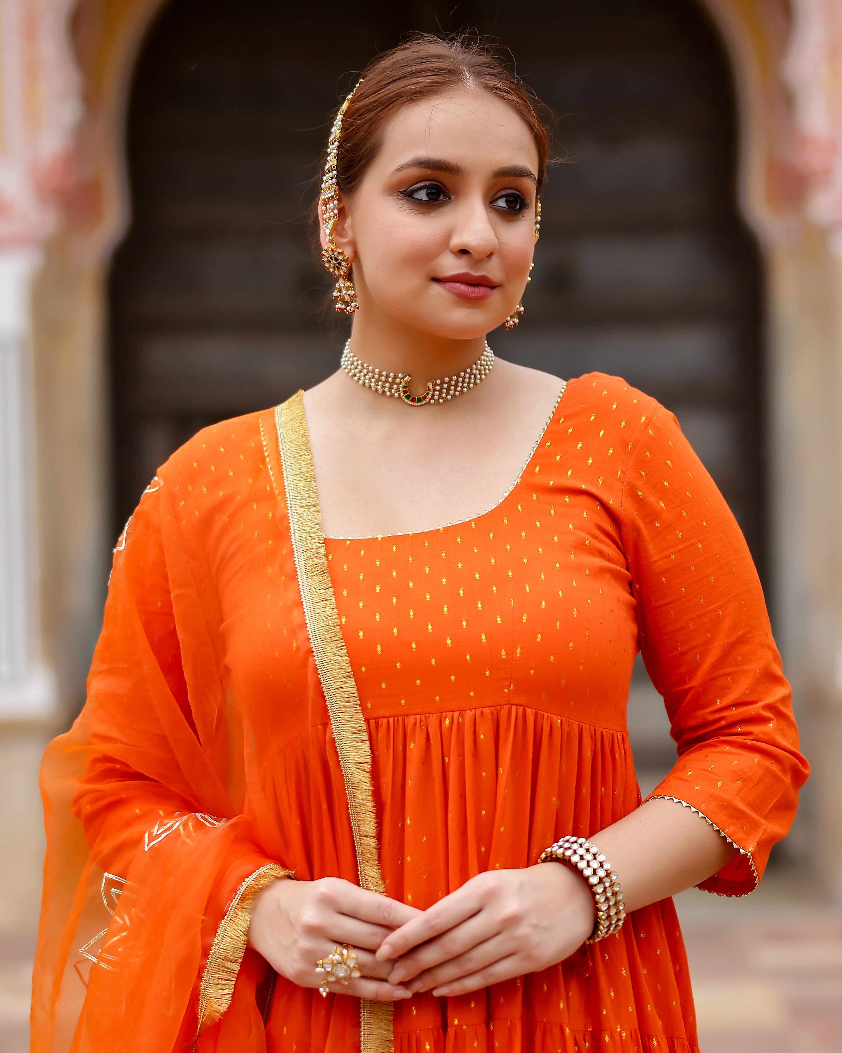 Orange Gota Work Lurex Anarkali Suit