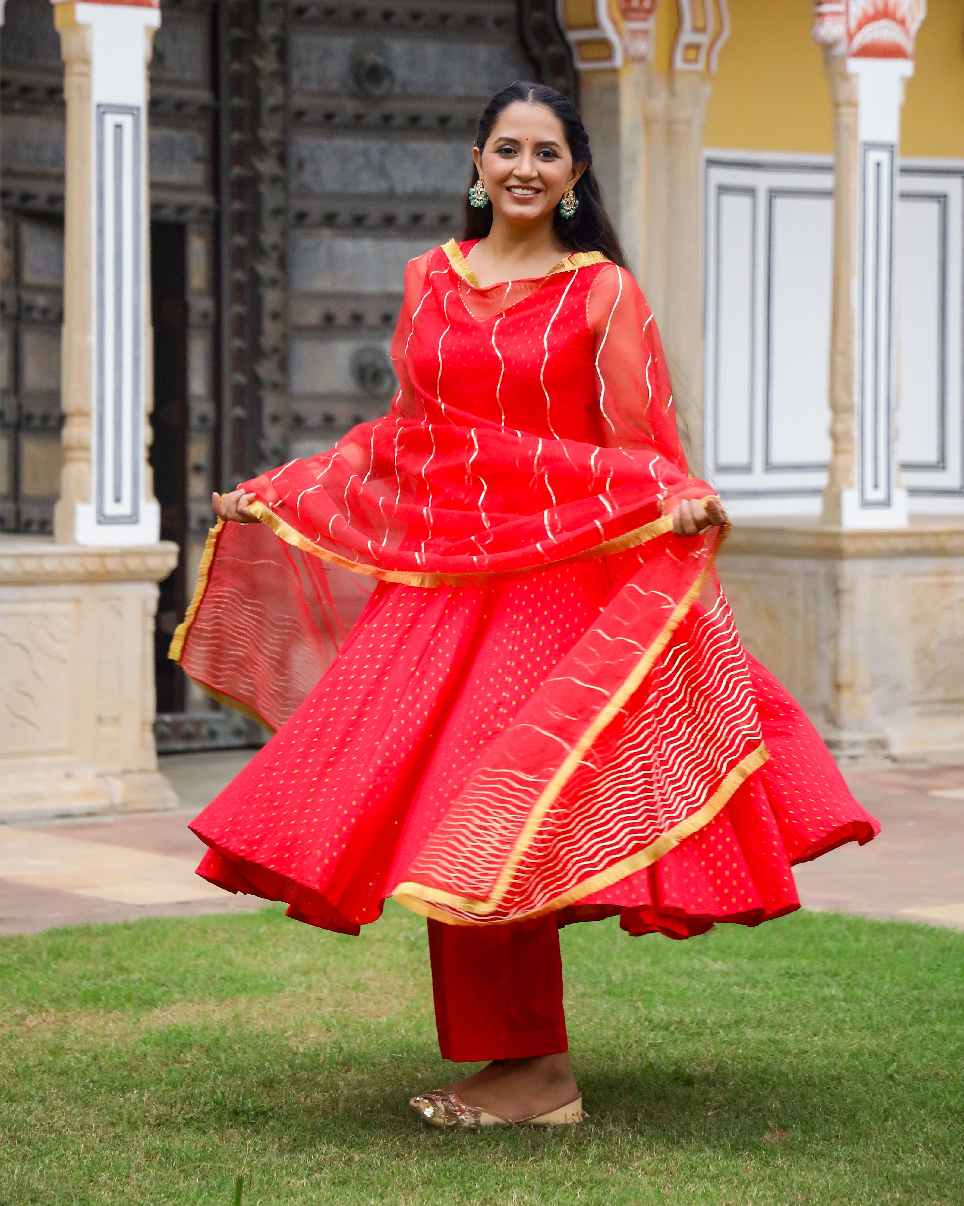 Red Gota Work Lurex Anarkali Suit