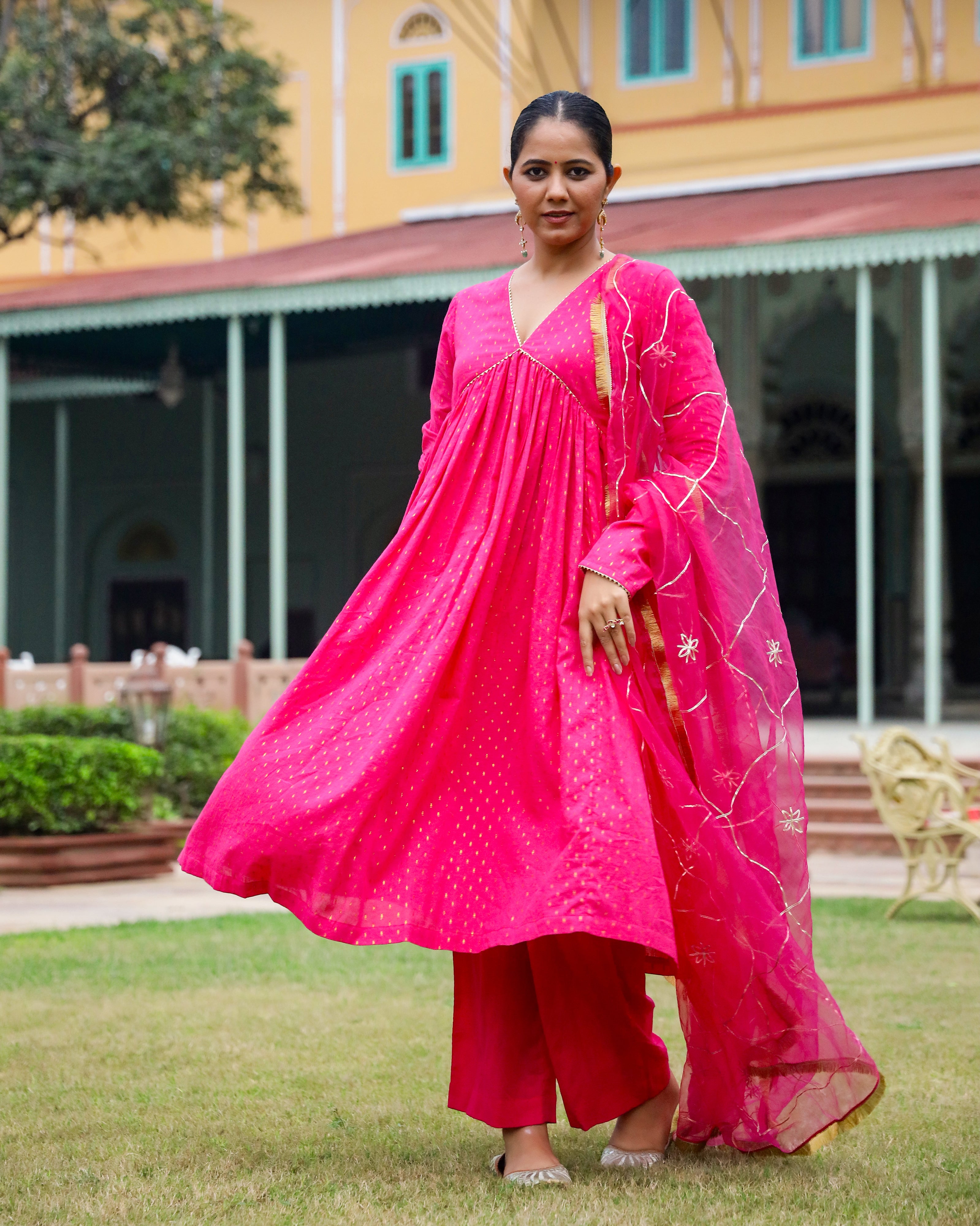 Fushia Lurex Anarkali Suit With Dupatta