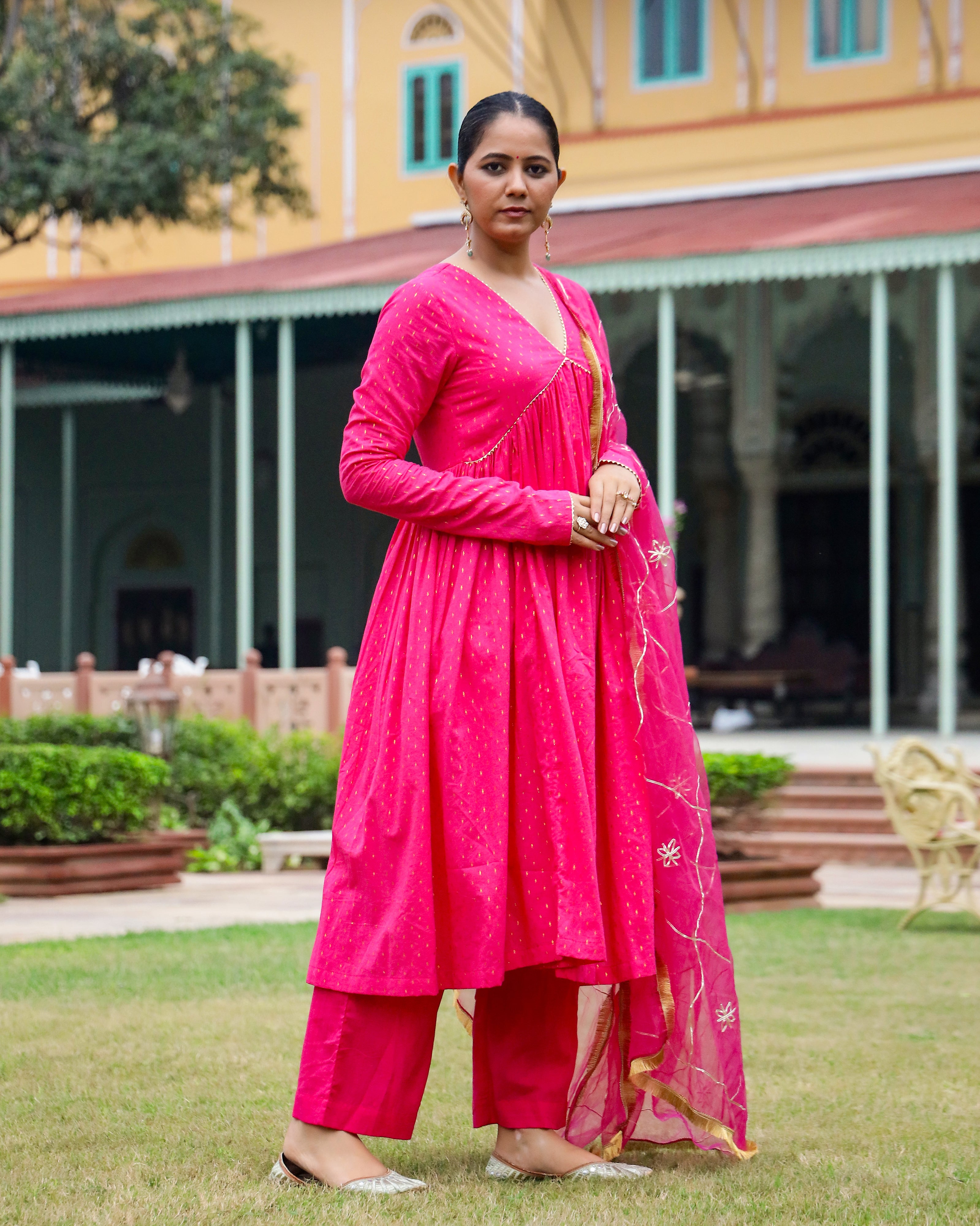 Fushia Lurex Anarkali Suit With Dupatta