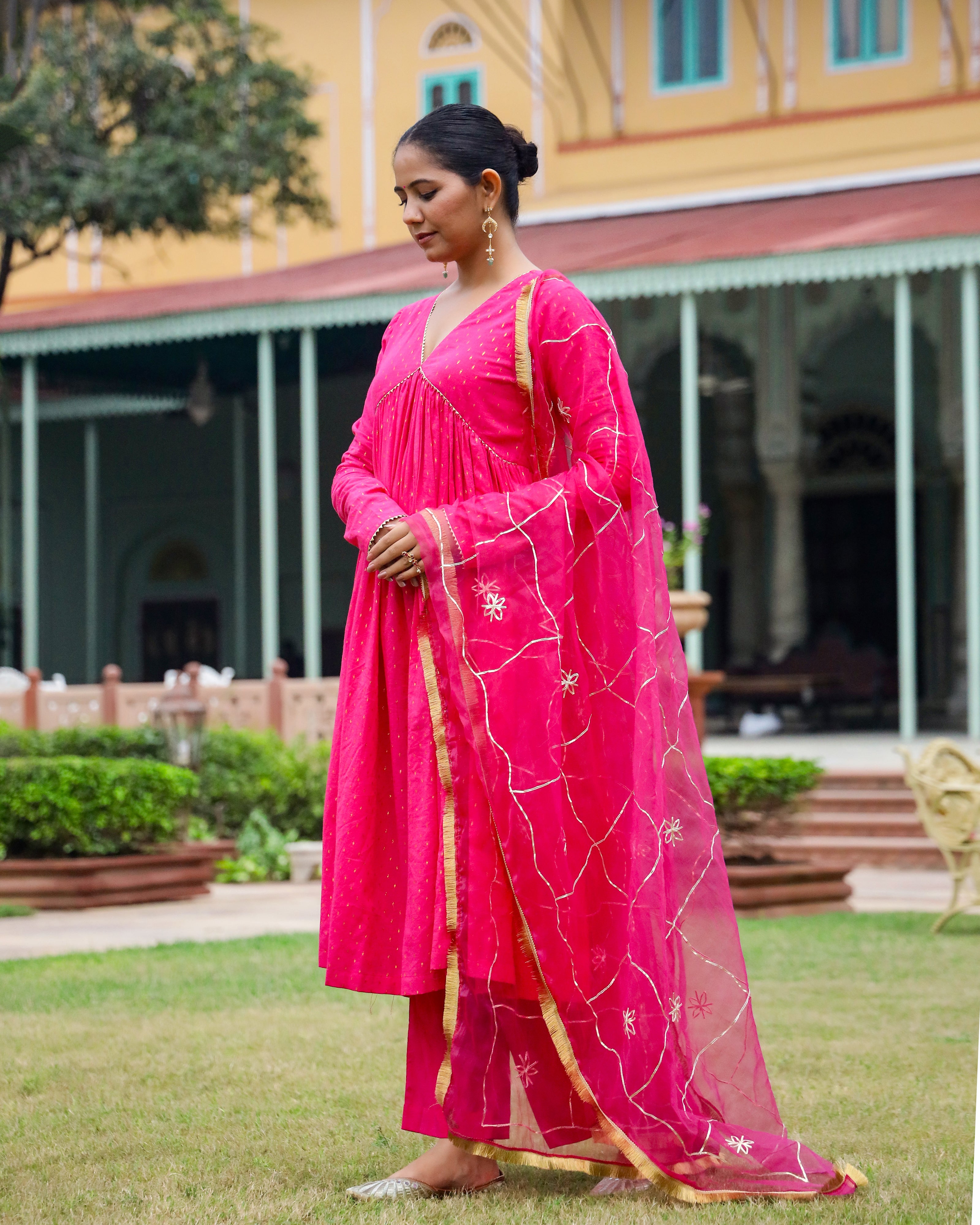 Fushia Lurex Anarkali Suit With Dupatta
