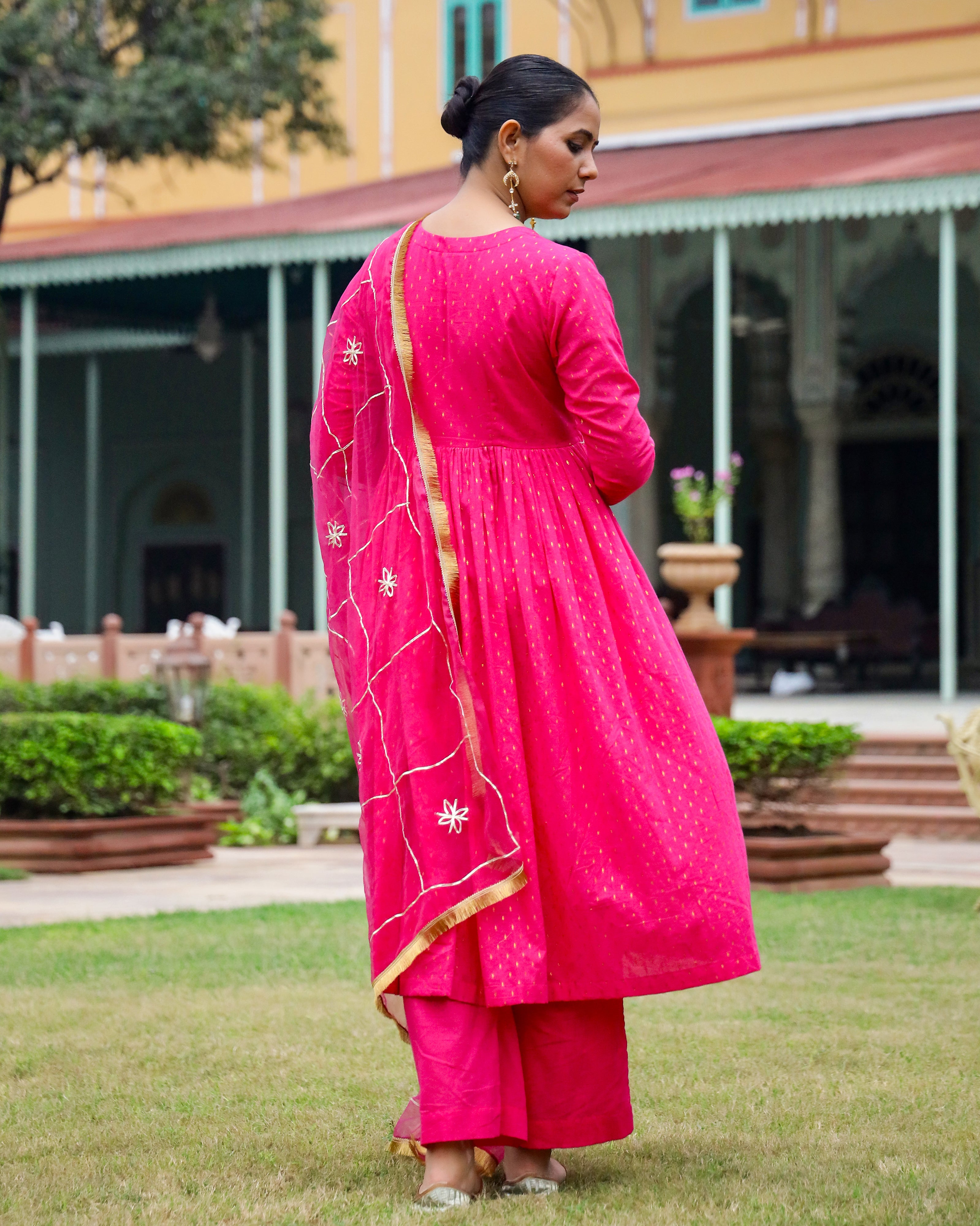 Fushia Lurex Anarkali Suit With Dupatta