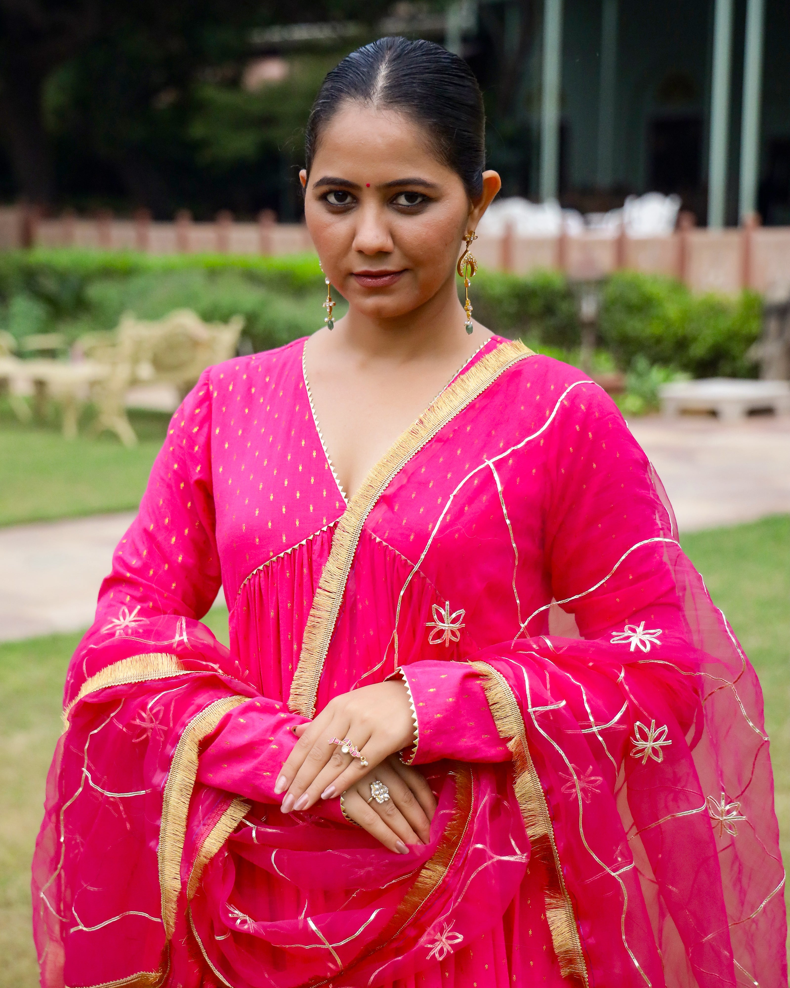 Fushia Lurex Anarkali Suit With Dupatta