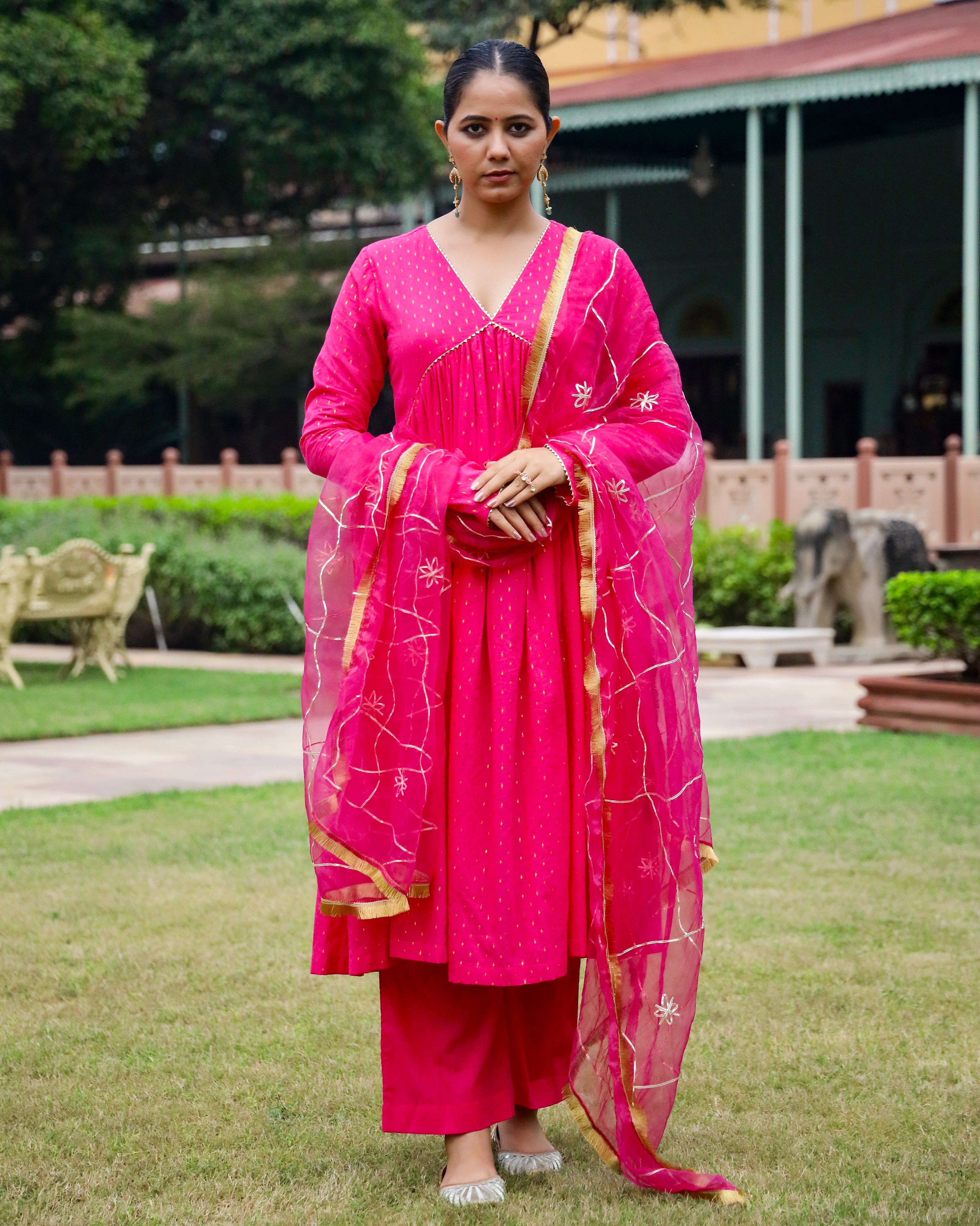 Fushia Lurex Anarkali Suit With Dupatta