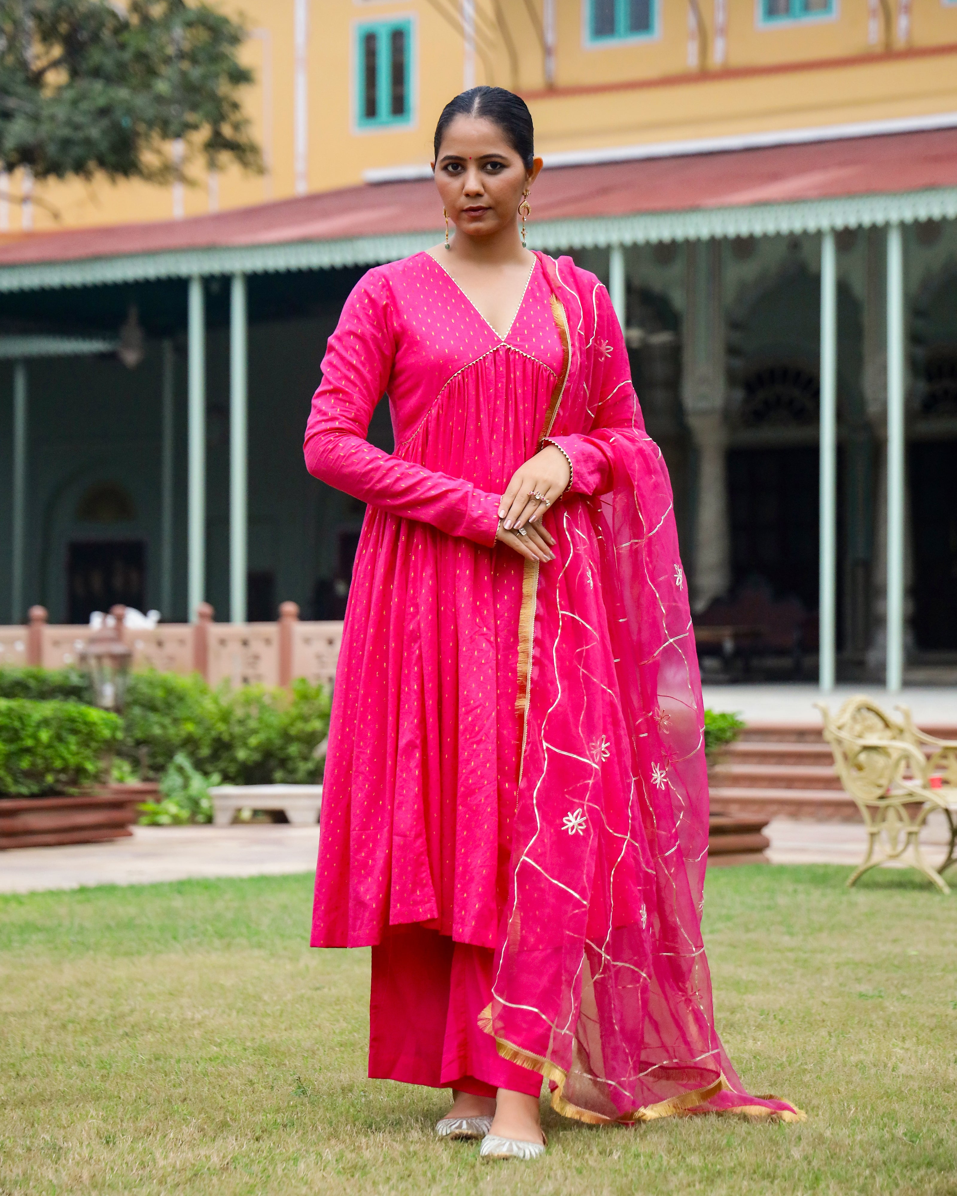 Fushia Lurex Anarkali Suit With Dupatta
