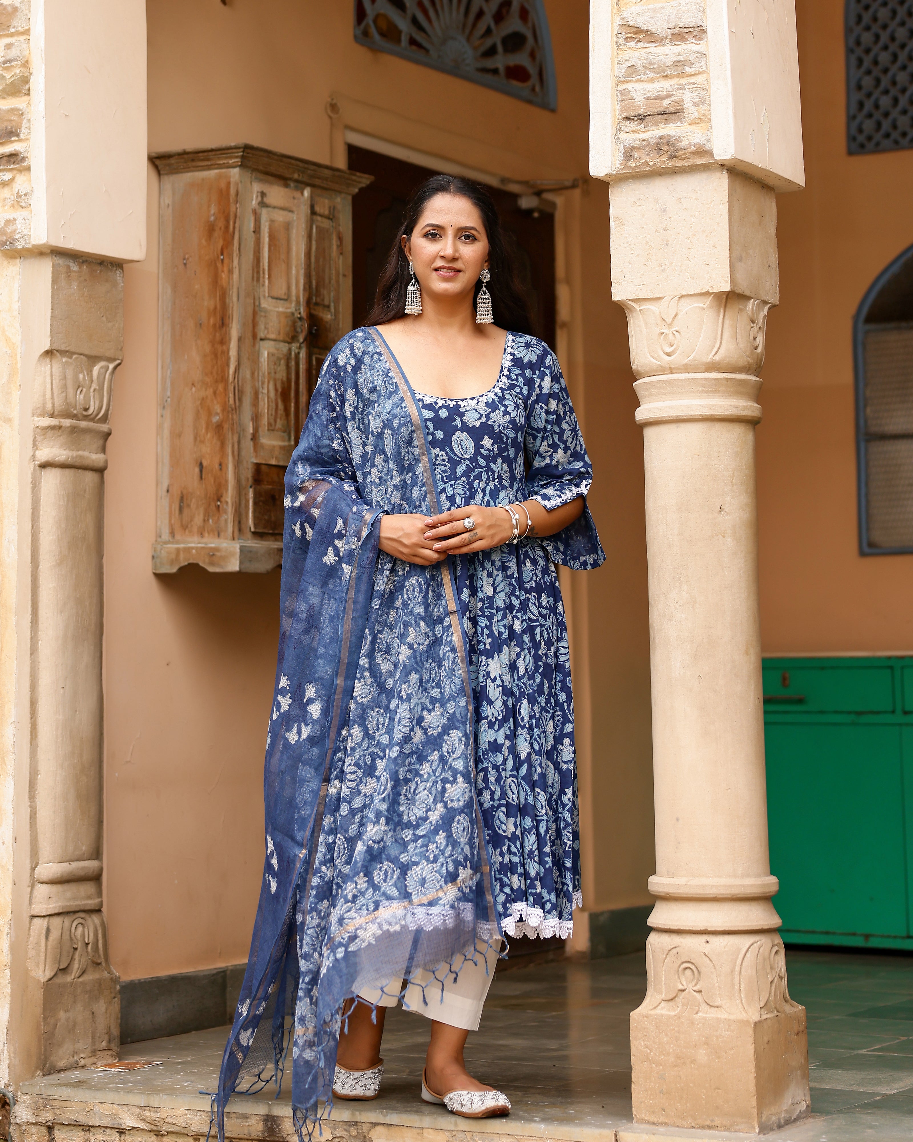 Indigo Dabu Block Cotton Anarkali Suit with Dupatta
