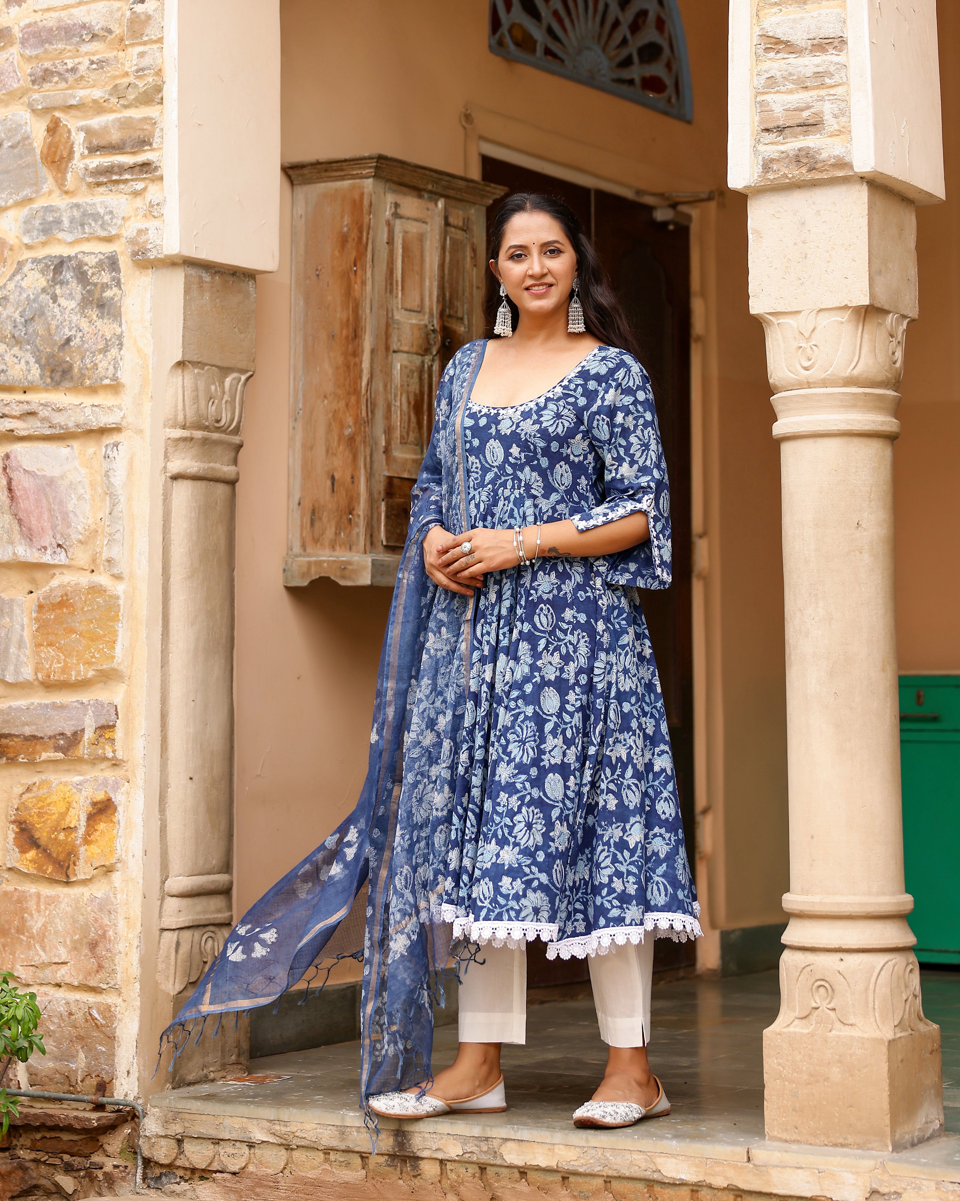 Indigo Dabu Block Cotton Anarkali Suit with Dupatta