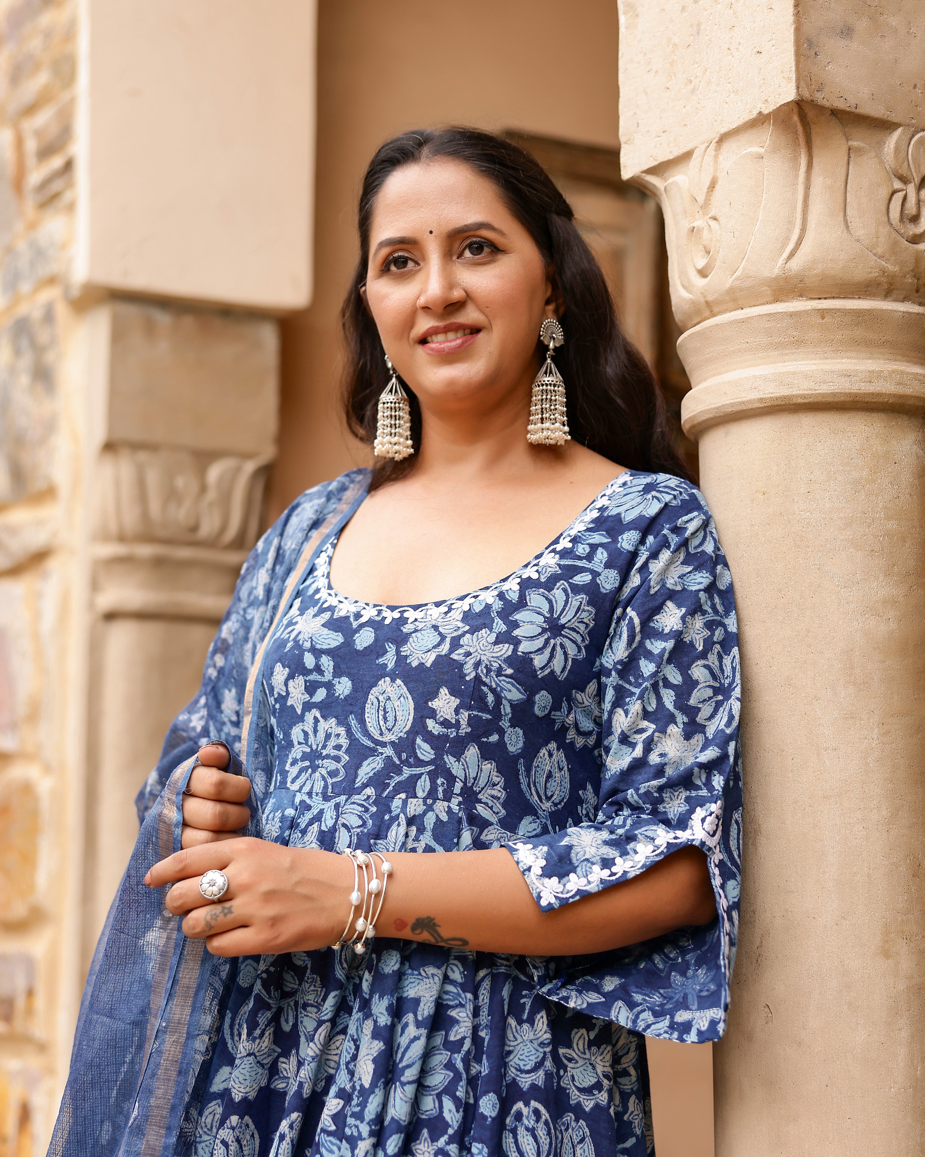 Indigo Dabu Block Cotton Anarkali Suit with Dupatta