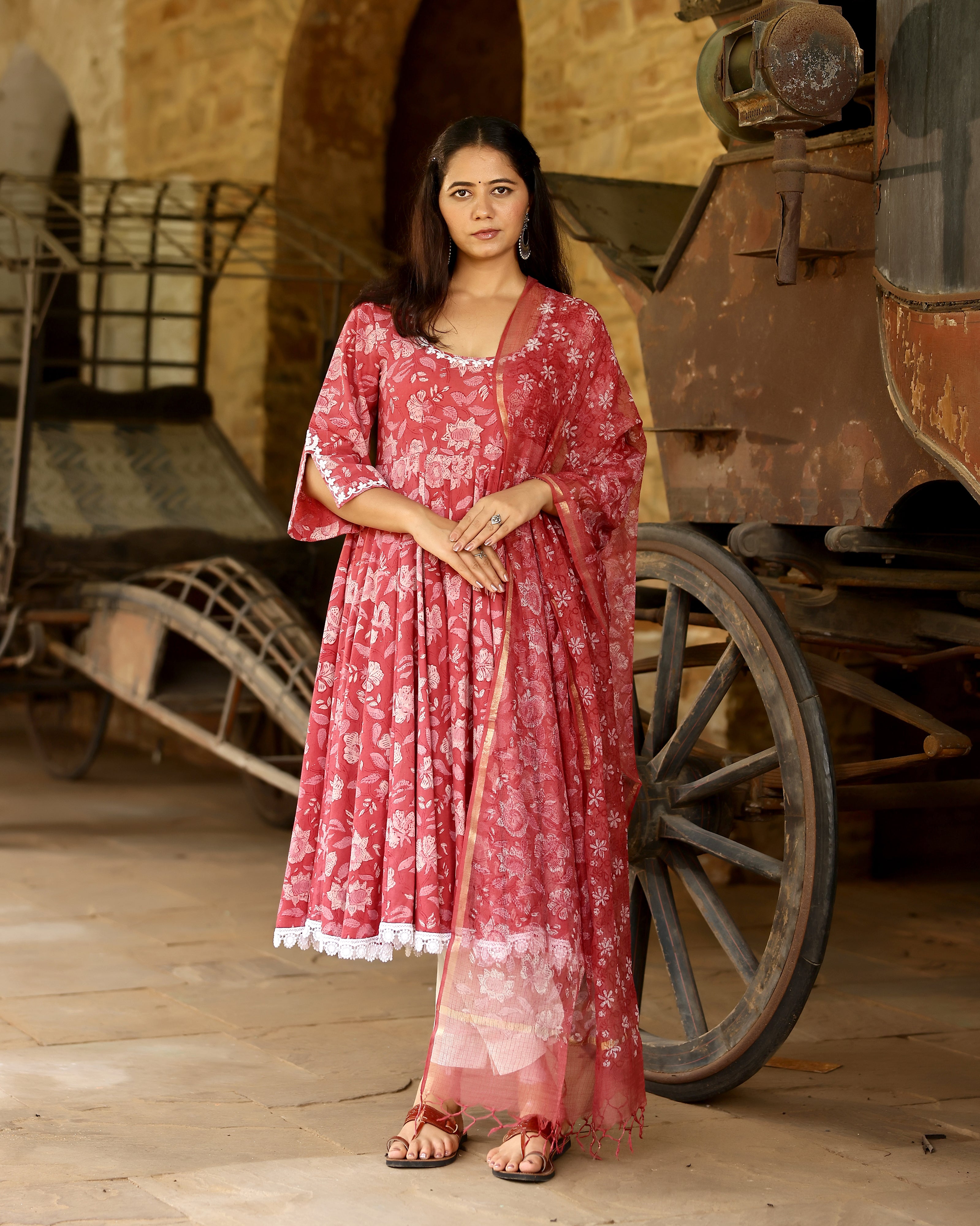 Pink Dabu Block Cotton Anarkali Suit with Dupatta