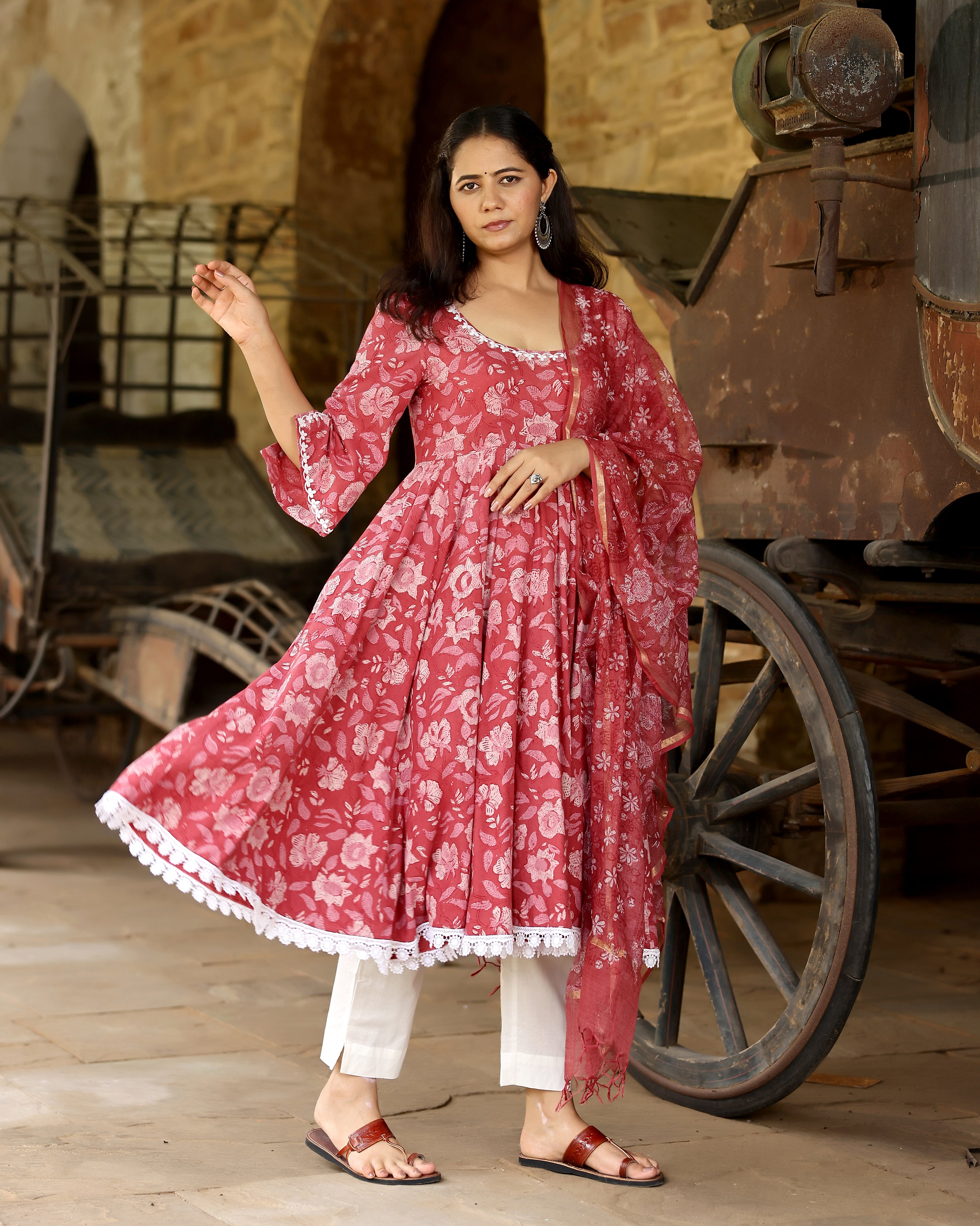 Pink Dabu Block Cotton Anarkali Suit with Dupatta