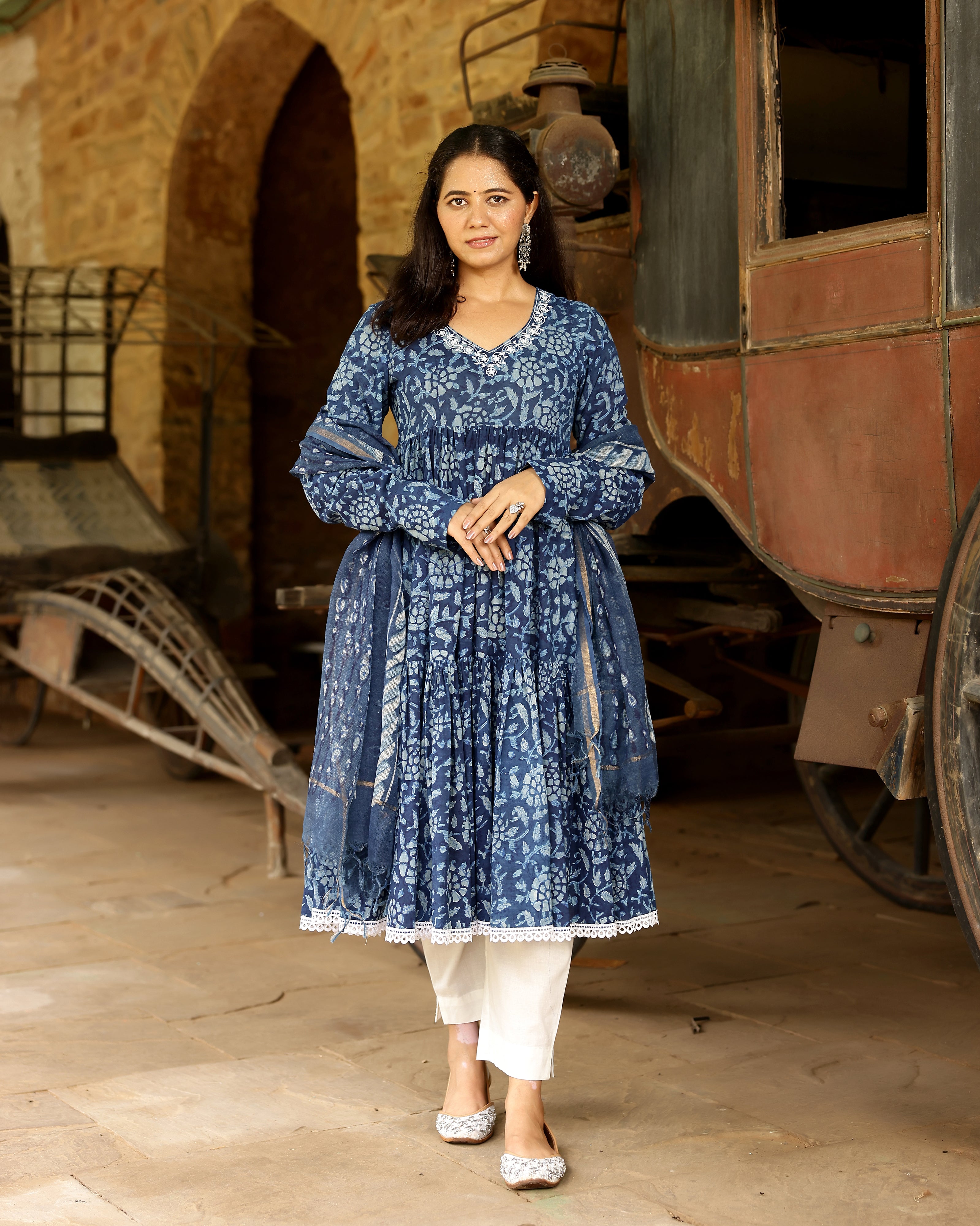 Indigo Dabu Block Cotton Anarkali Suit with Dupatta