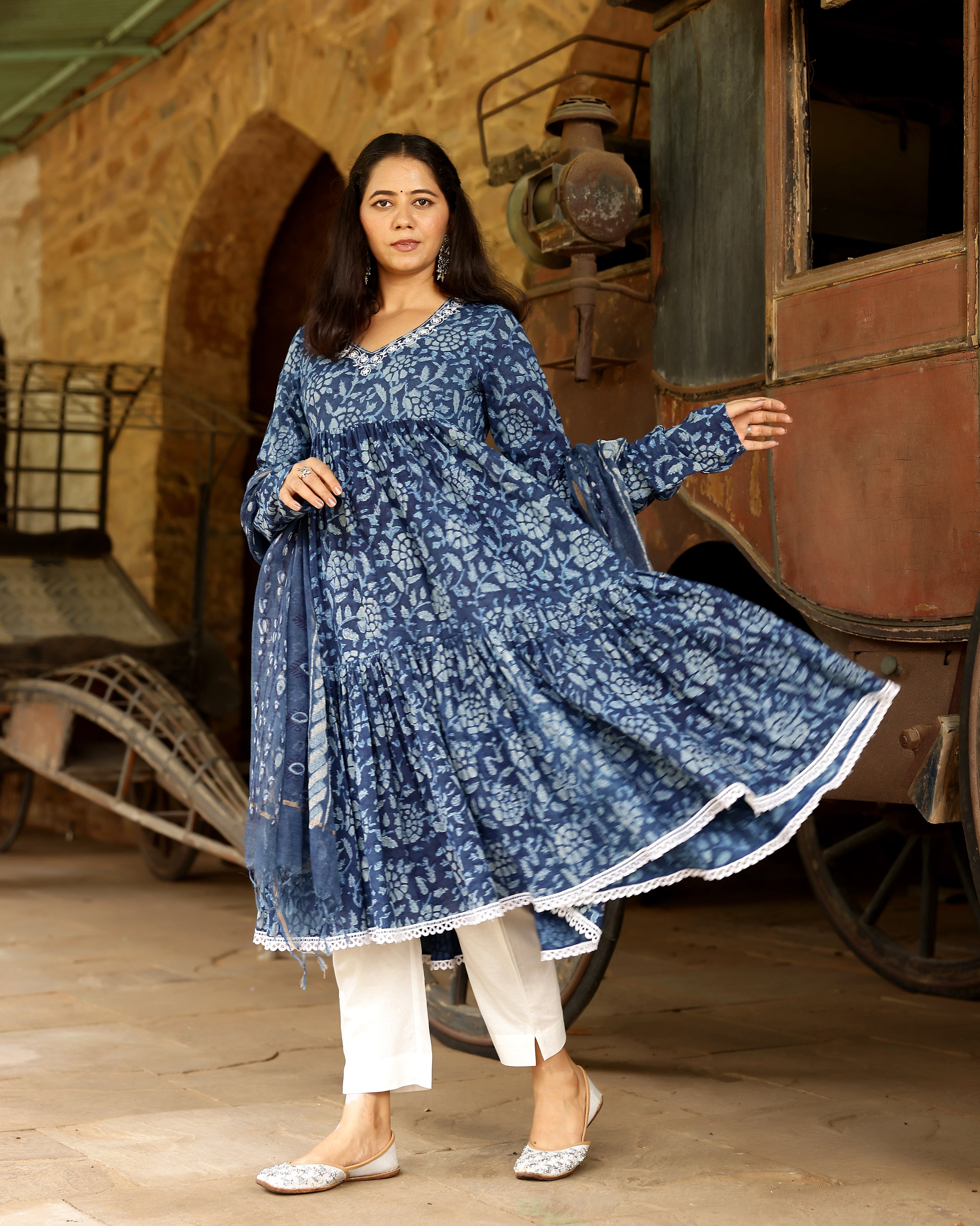 Indigo Dabu Block Cotton Anarkali Suit with Dupatta