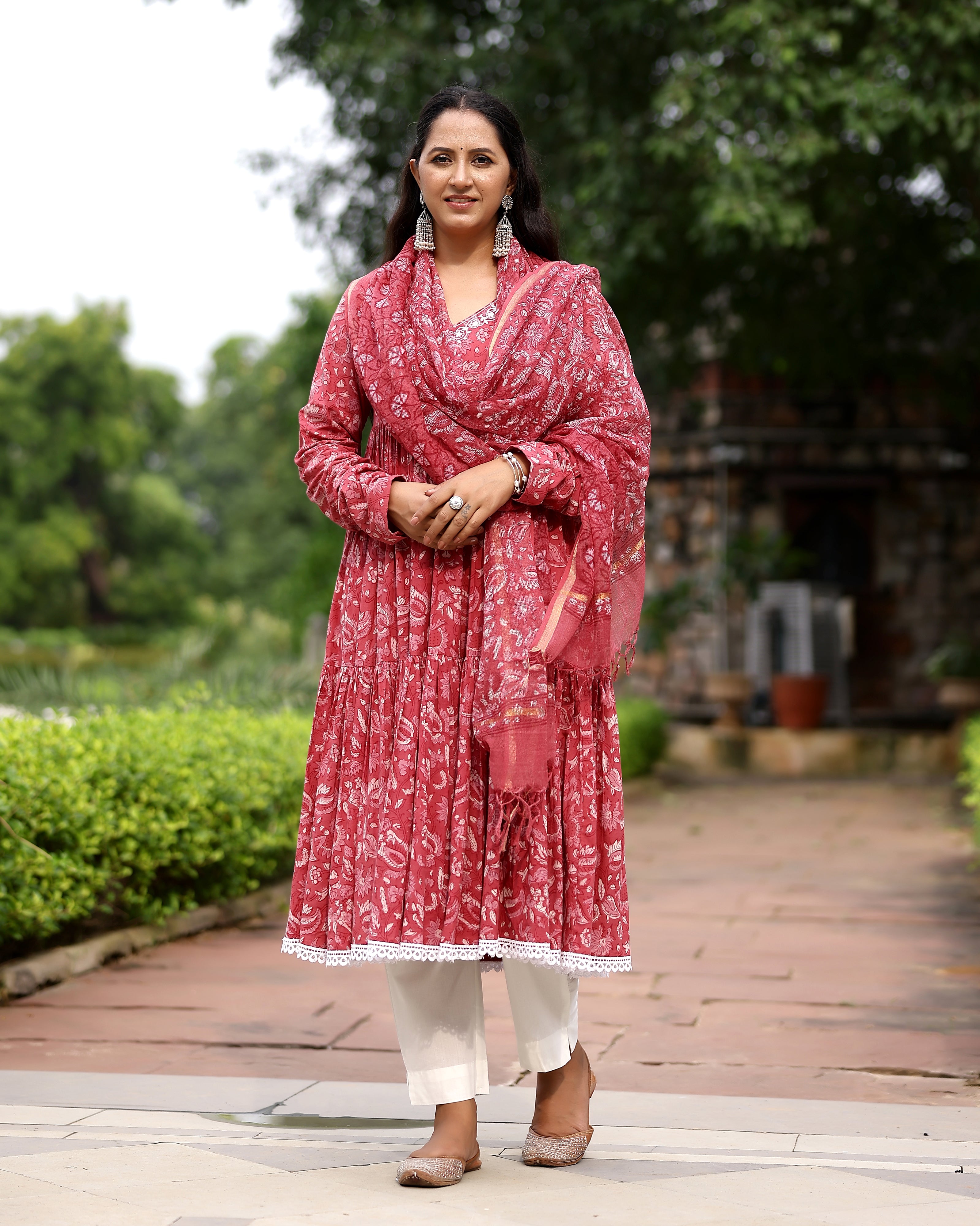 Pink Dabu Block Cotton Anarkali Suit with Dupatta