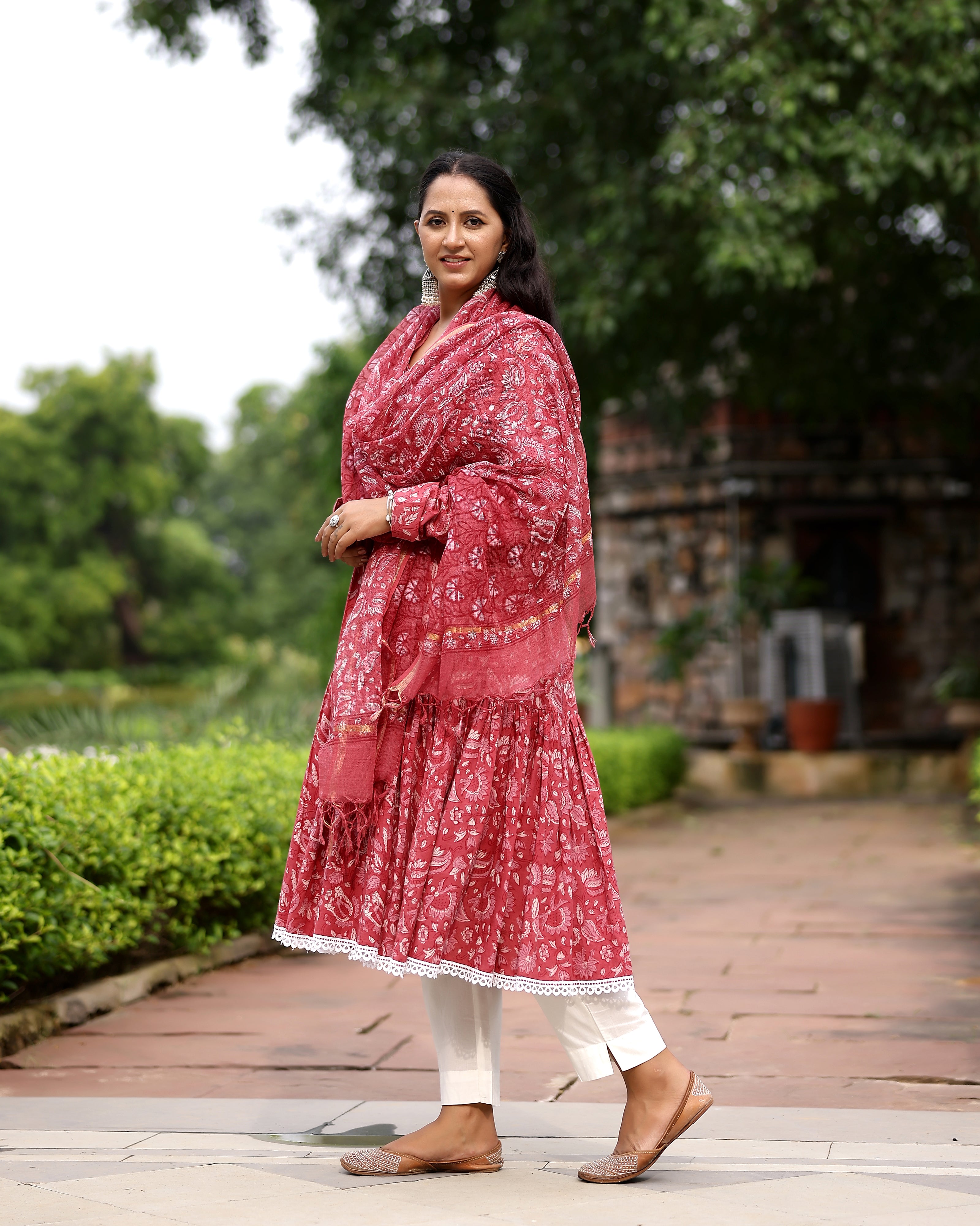 Pink Dabu Block Cotton Anarkali Suit with Dupatta