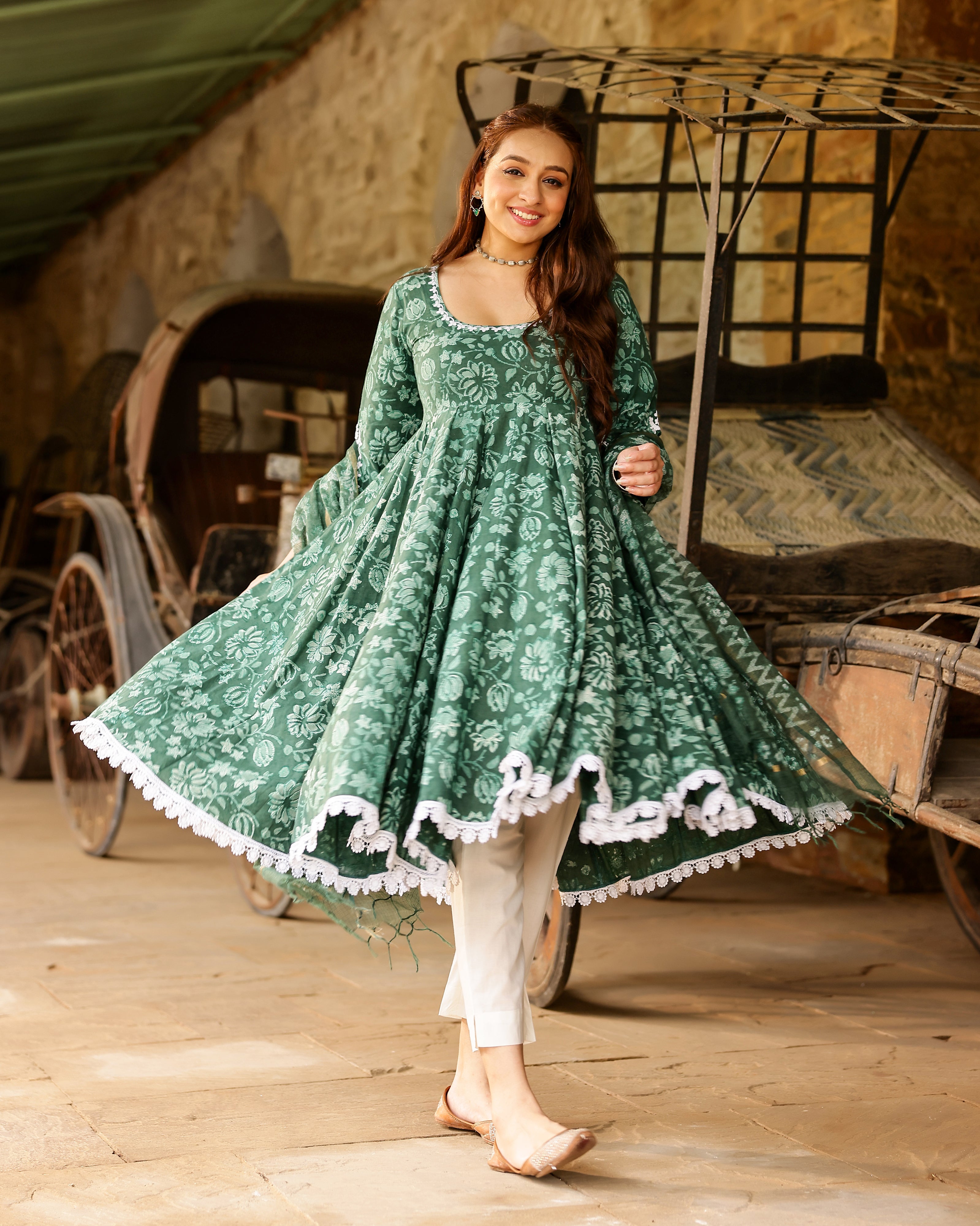 Green Dabu Block Cotton Anarkali Suit with Dupatta