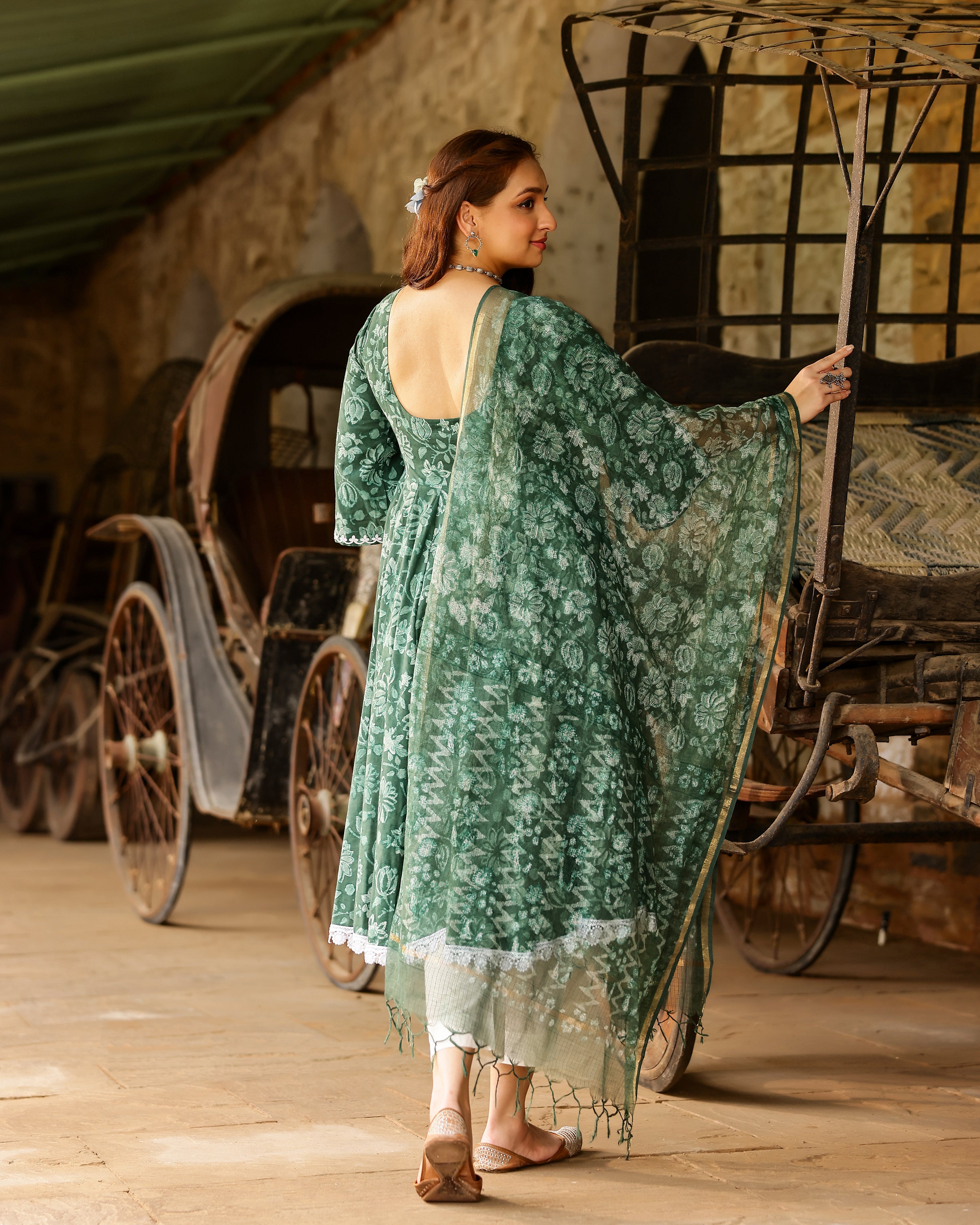 Green Dabu Block Cotton Anarkali Suit with Dupatta