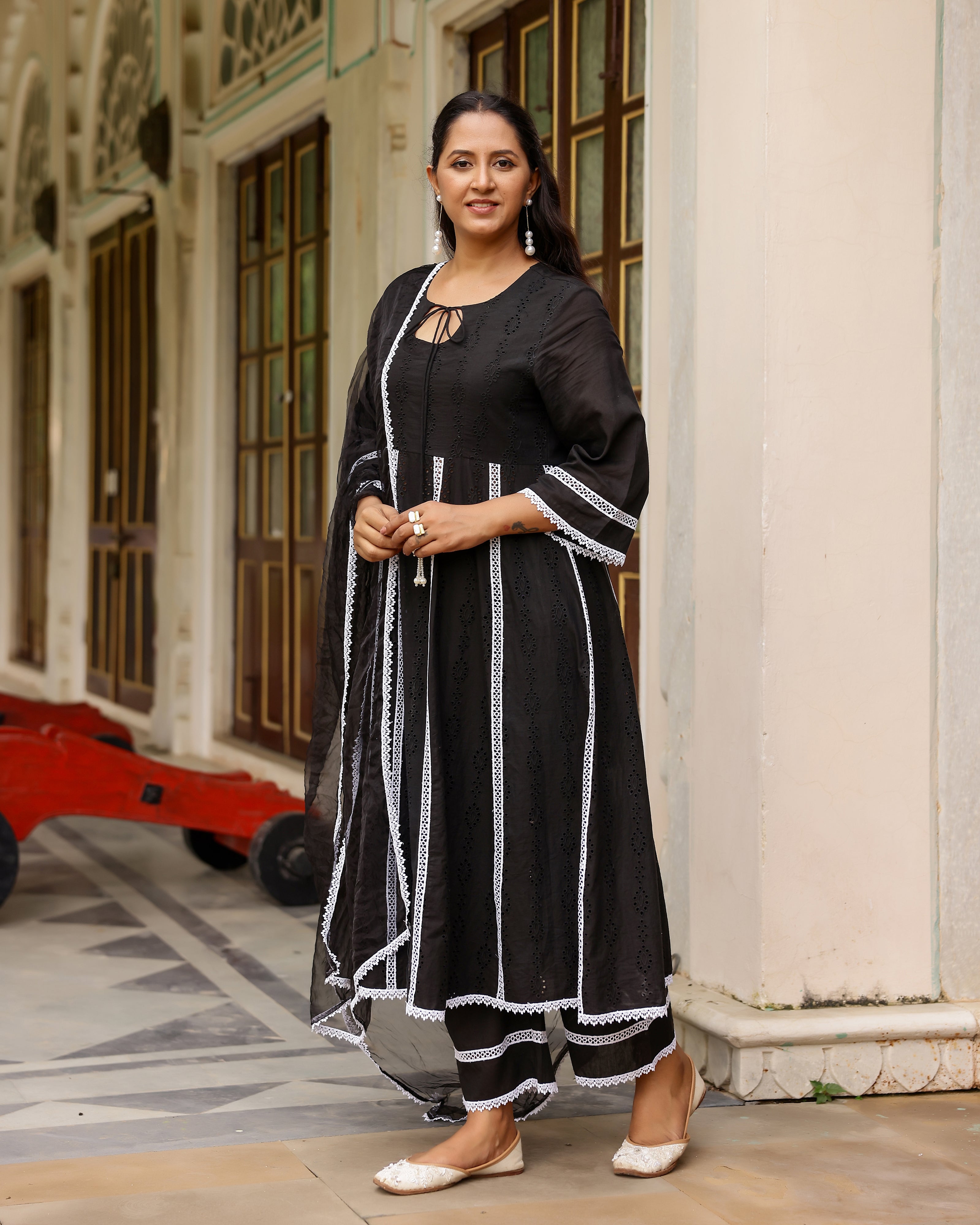 Black Cotton Schiffli Anarkali Suit Set with Organza Dupatta