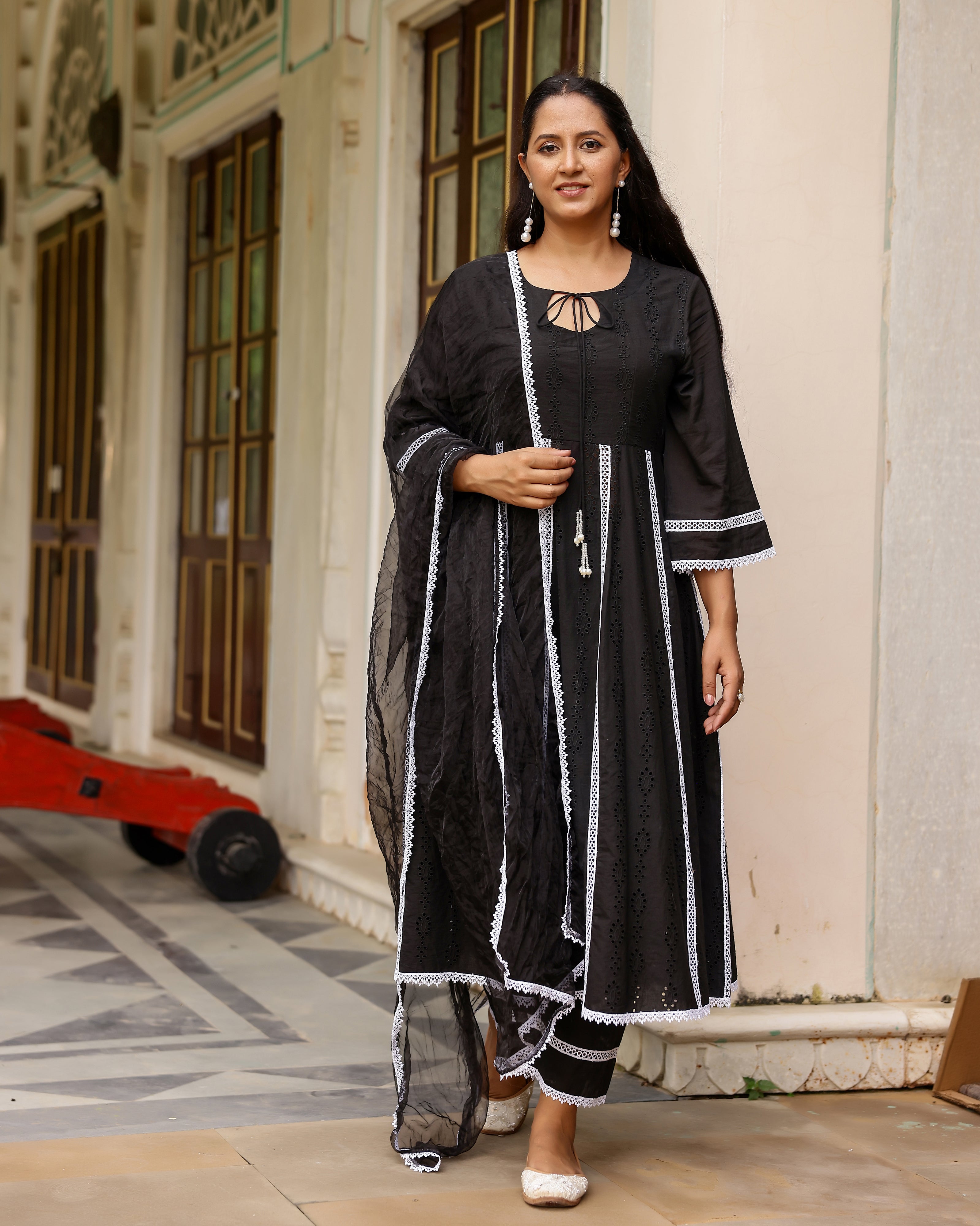 Black Cotton Schiffli Anarkali Suit Set with Organza Dupatta