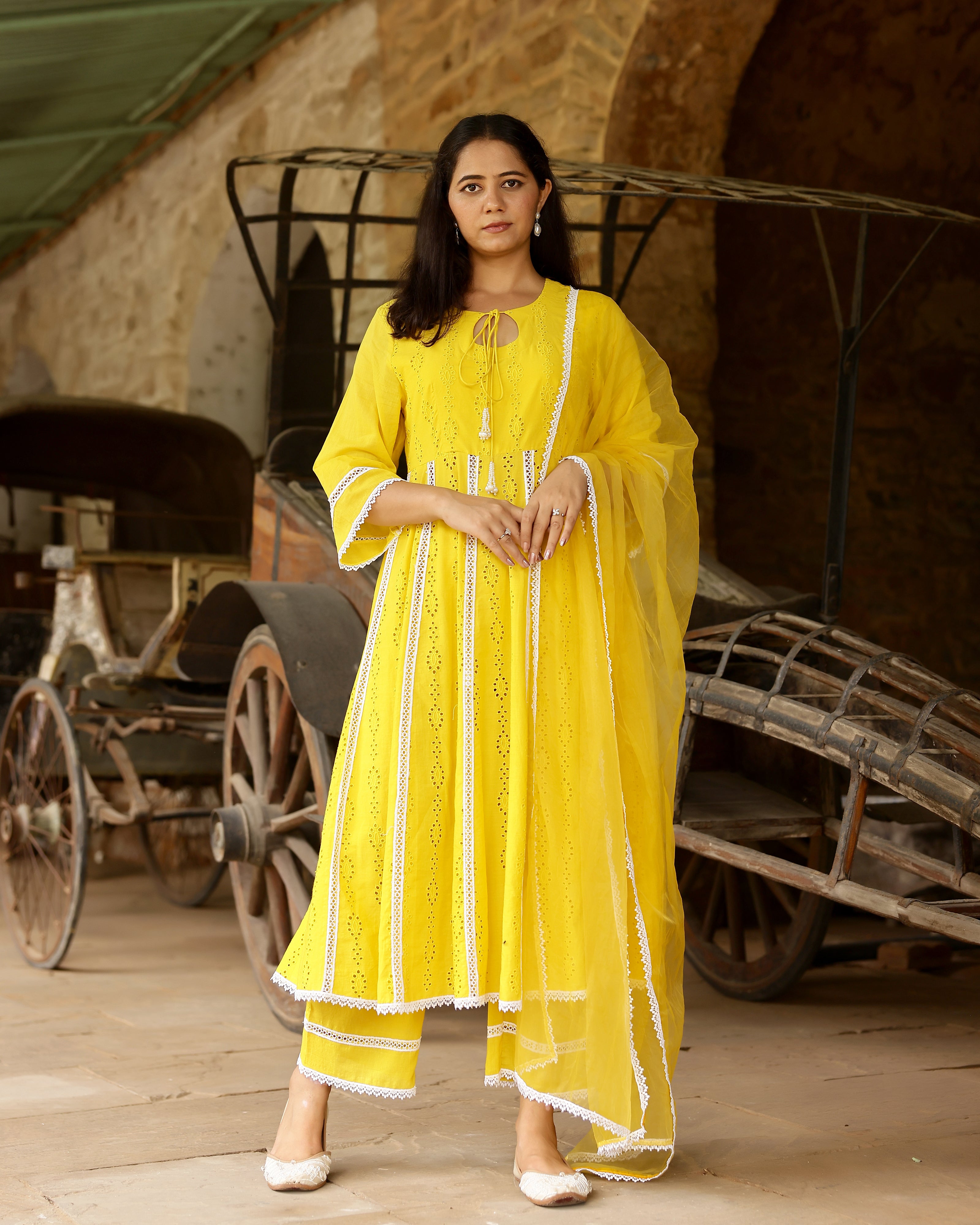 Yellow Cotton Schiffli Anarkali Suit Set with Organza Dupatta