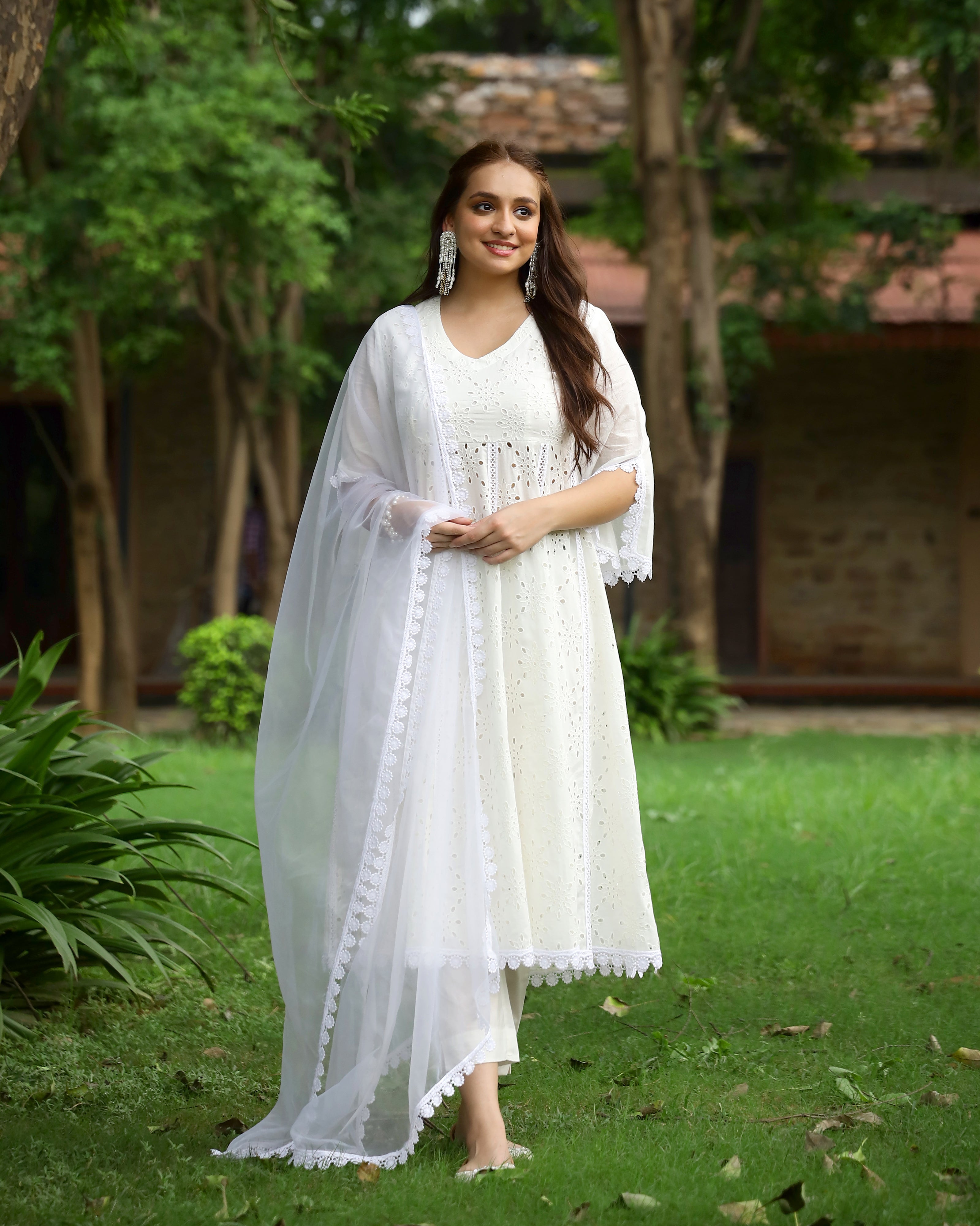 White Cotton Schiffli Anarkali Suit Set with Organza Dupatta