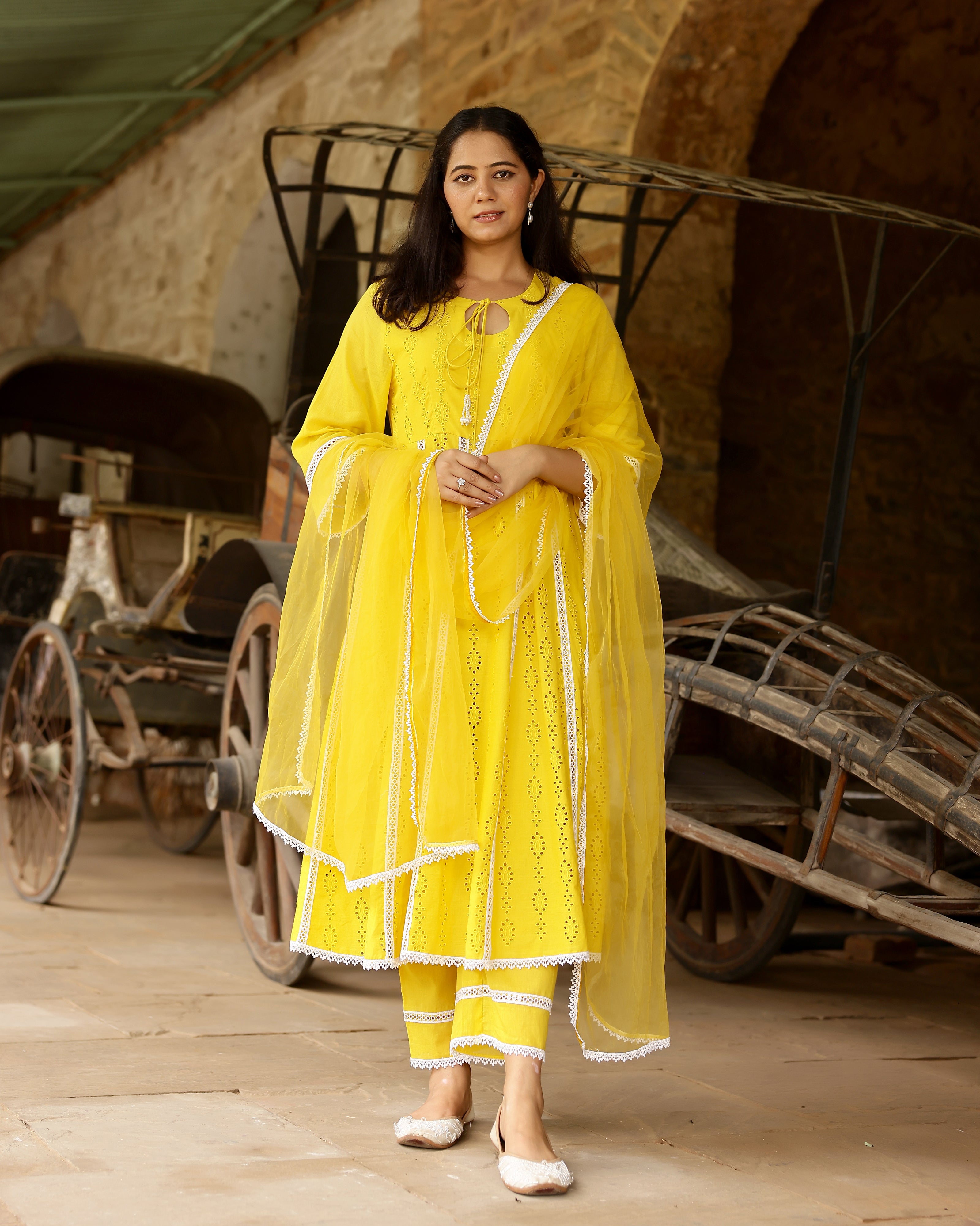 Yellow Cotton Schiffli Anarkali Suit Set with Organza Dupatta