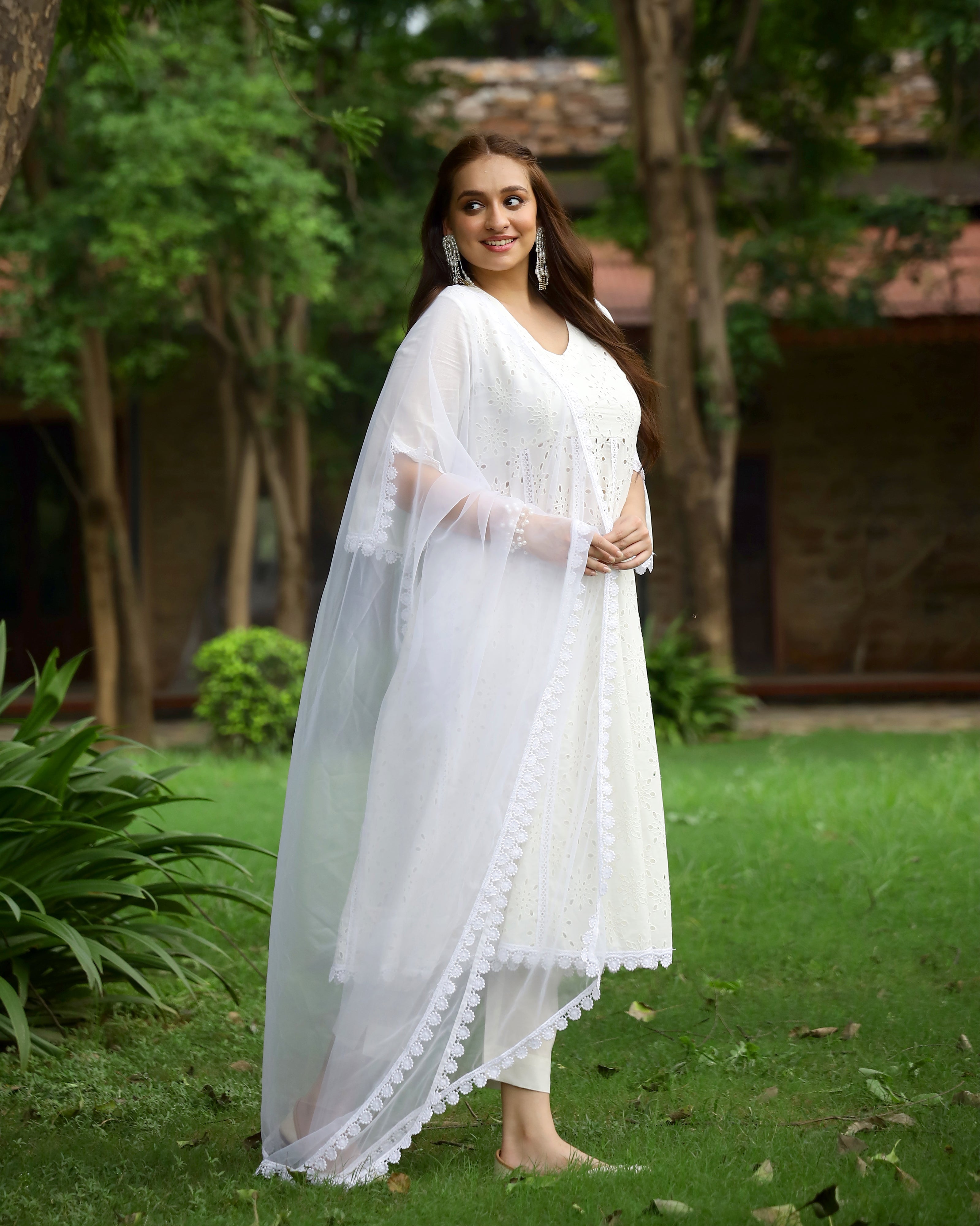 White Cotton Schiffli Anarkali Suit Set with Organza Dupatta