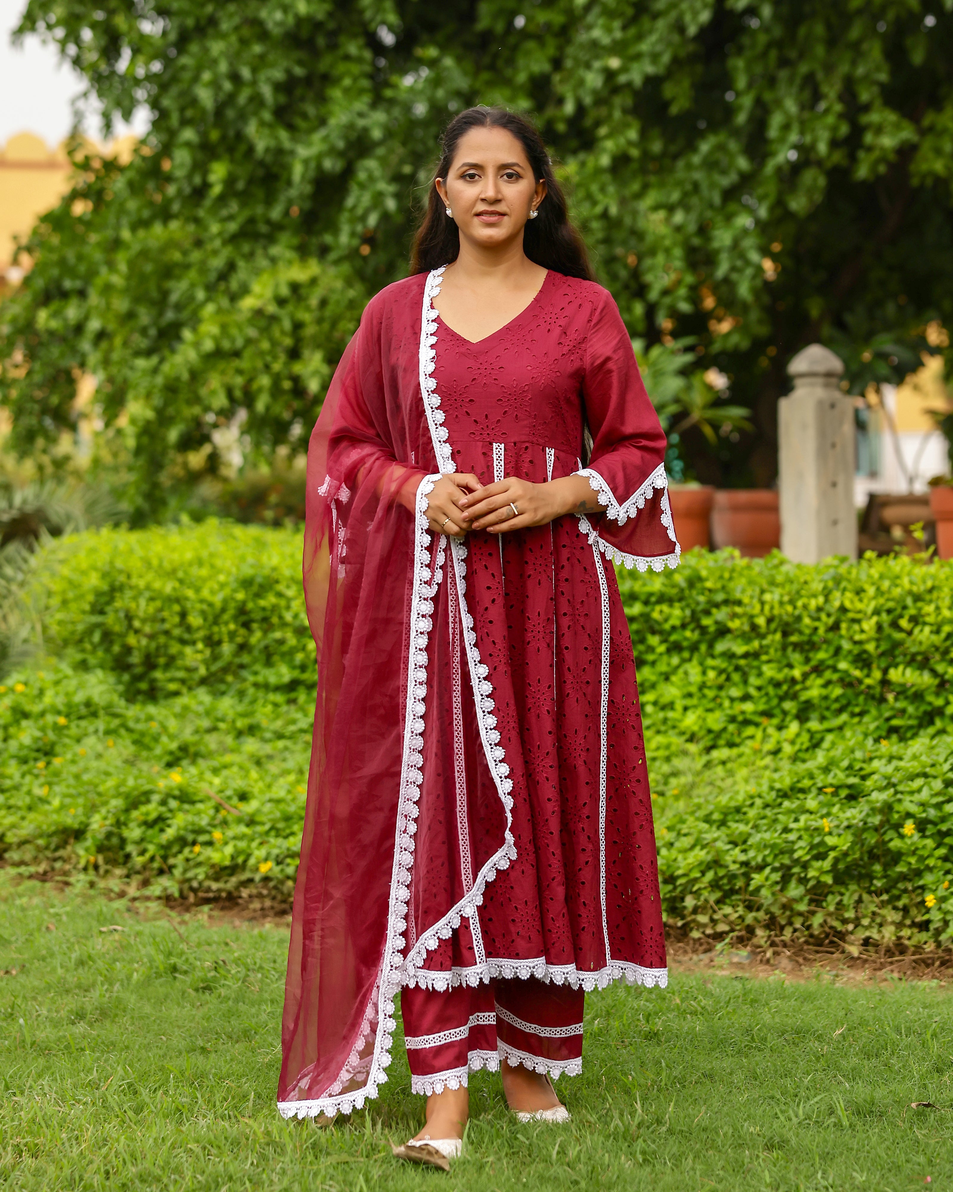 Maroon Charm Cotton Schiffli Anarkali Set with Crochet Lace