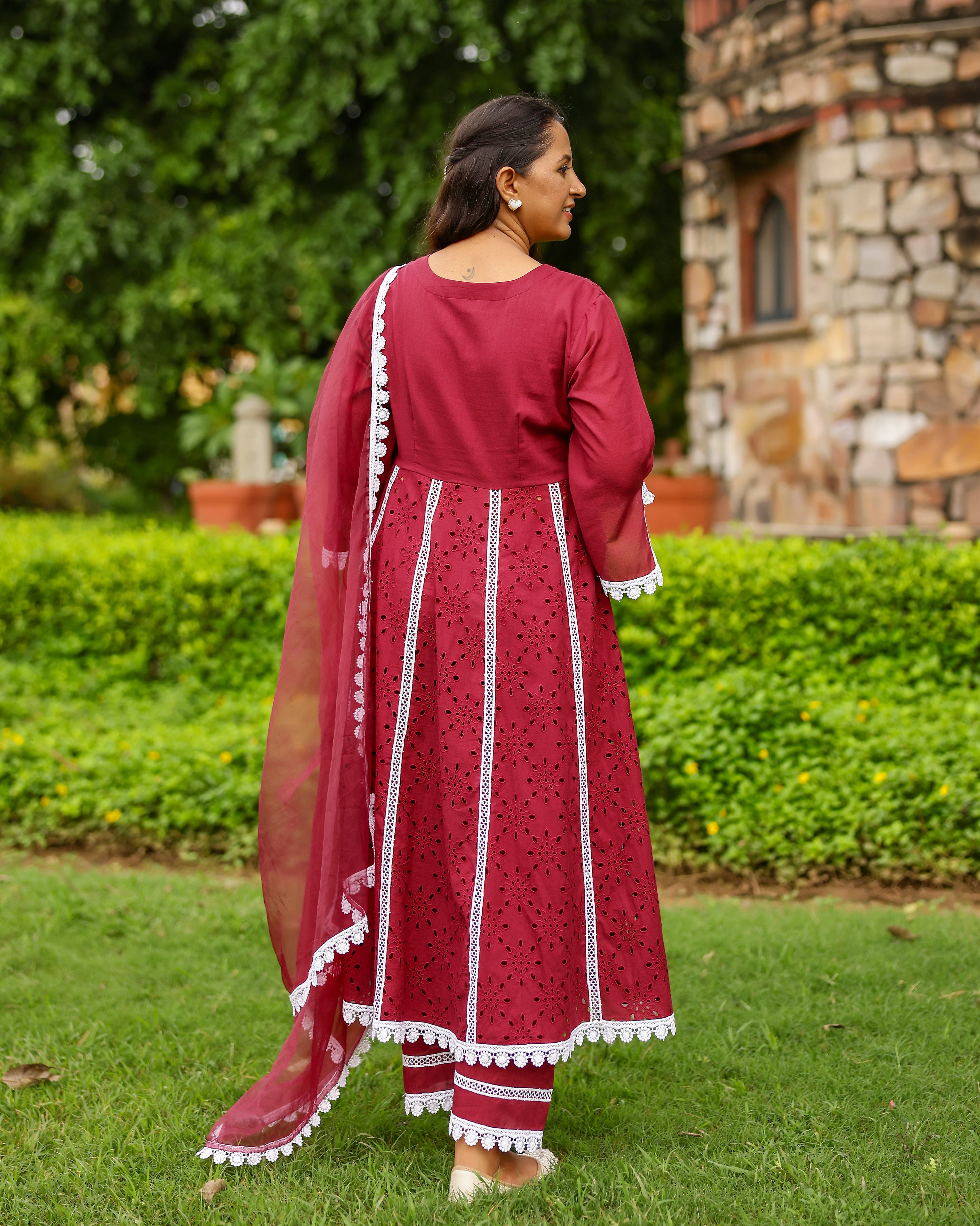 Maroon Charm Cotton Schiffli Anarkali Set with Crochet Lace