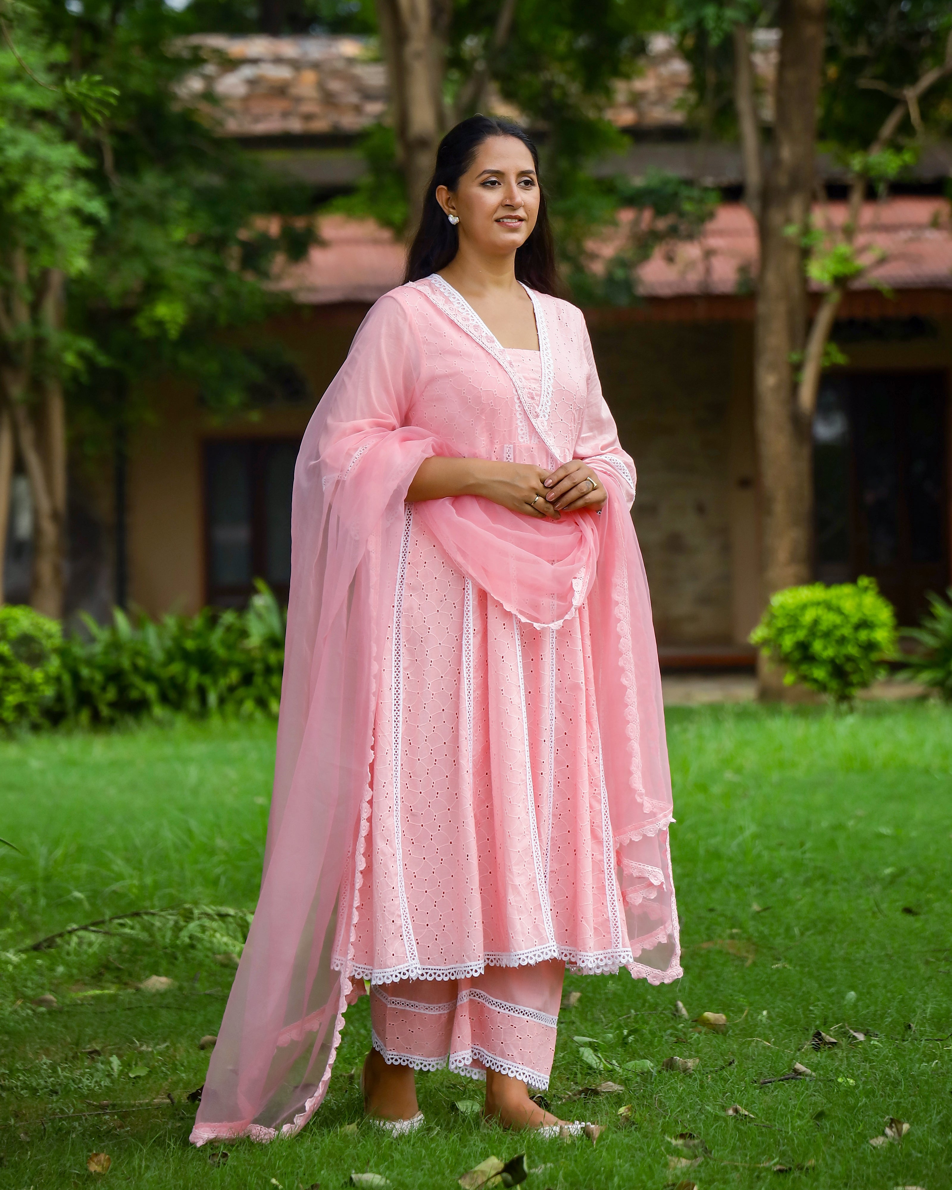 Peach Cotton Schiffli Anarkali Set with Crochet Lace