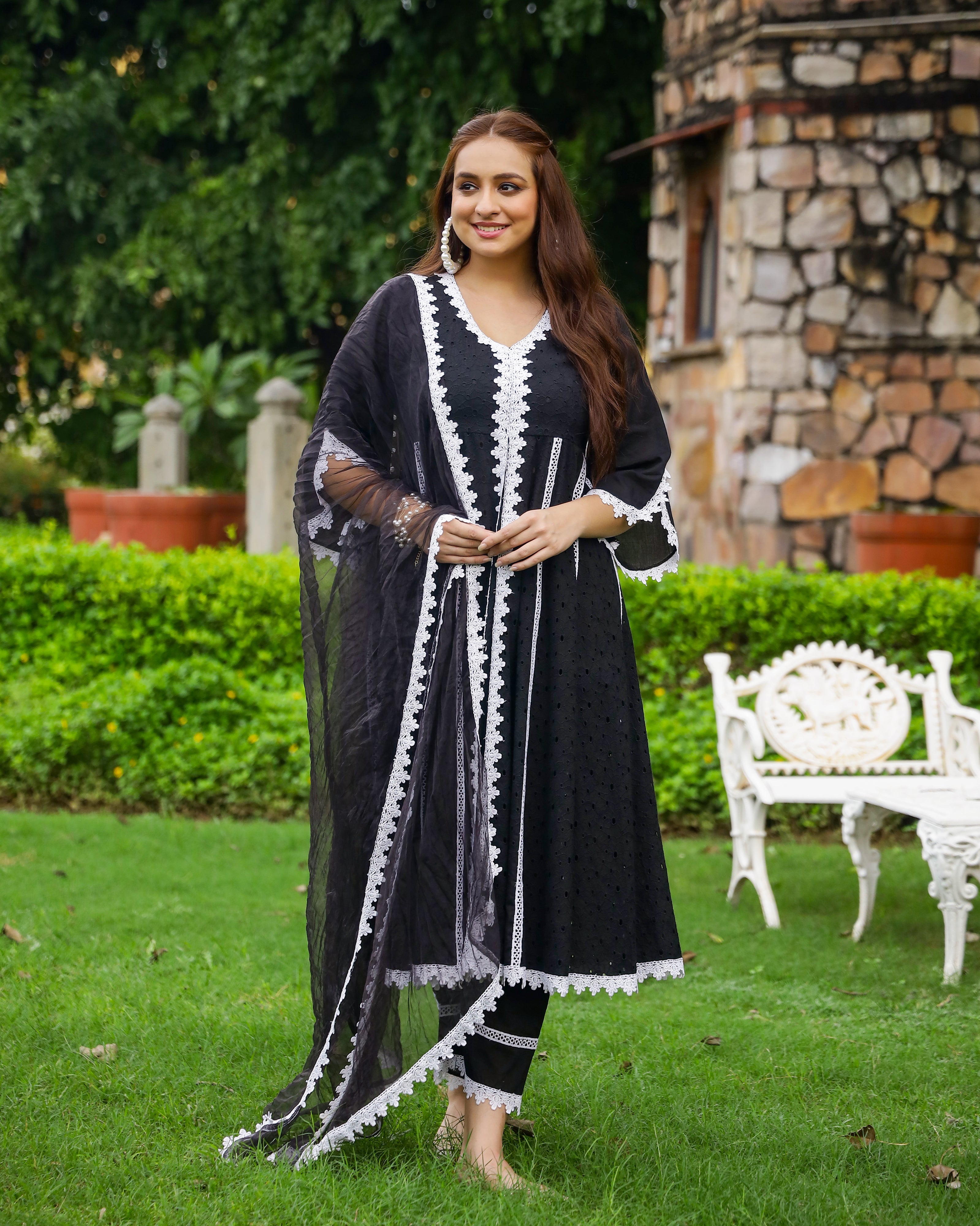 Midnight Black Cotton Schiffli Anarkali Set with Organza Dupatta