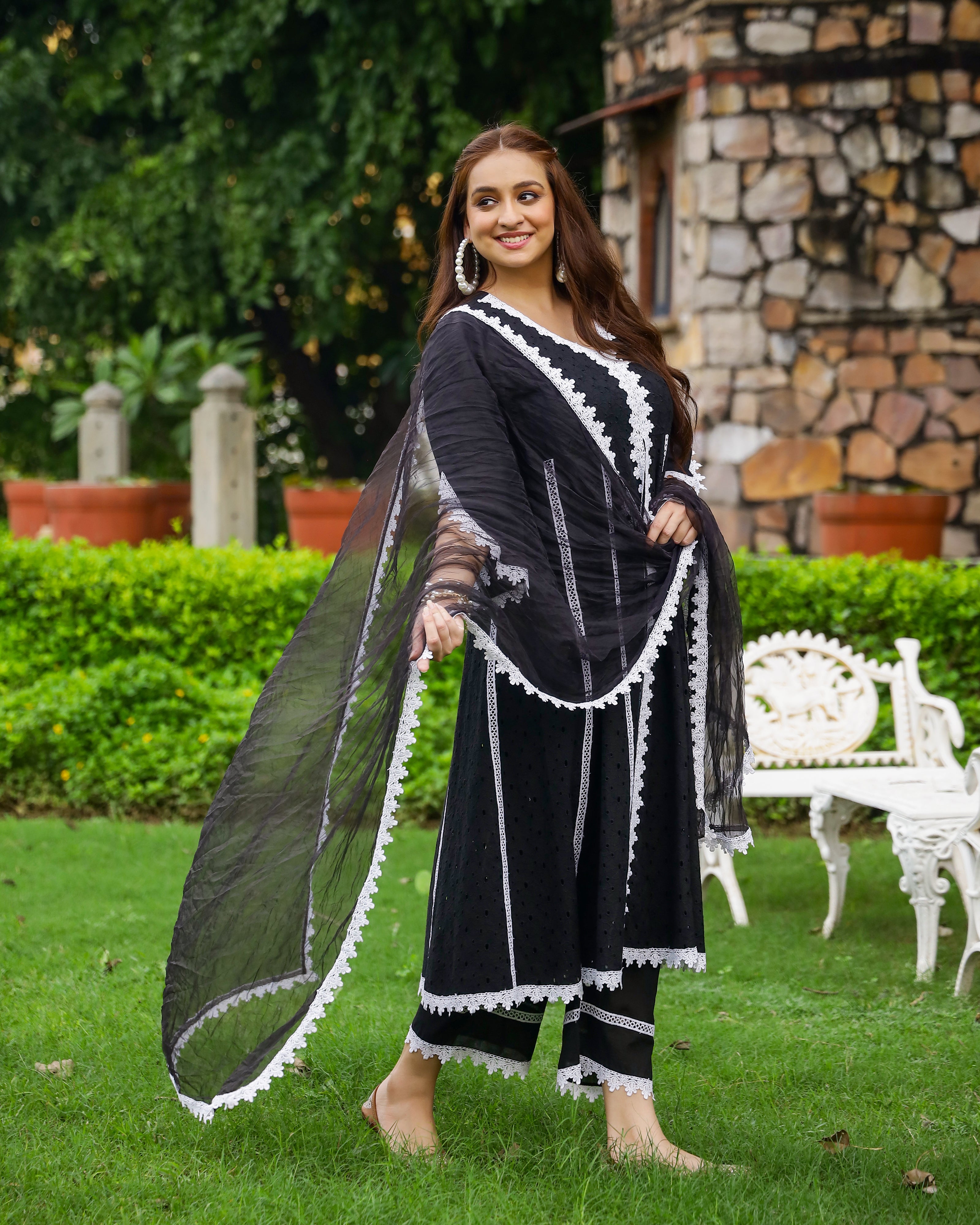 Midnight Black Cotton Schiffli Anarkali Set with Organza Dupatta