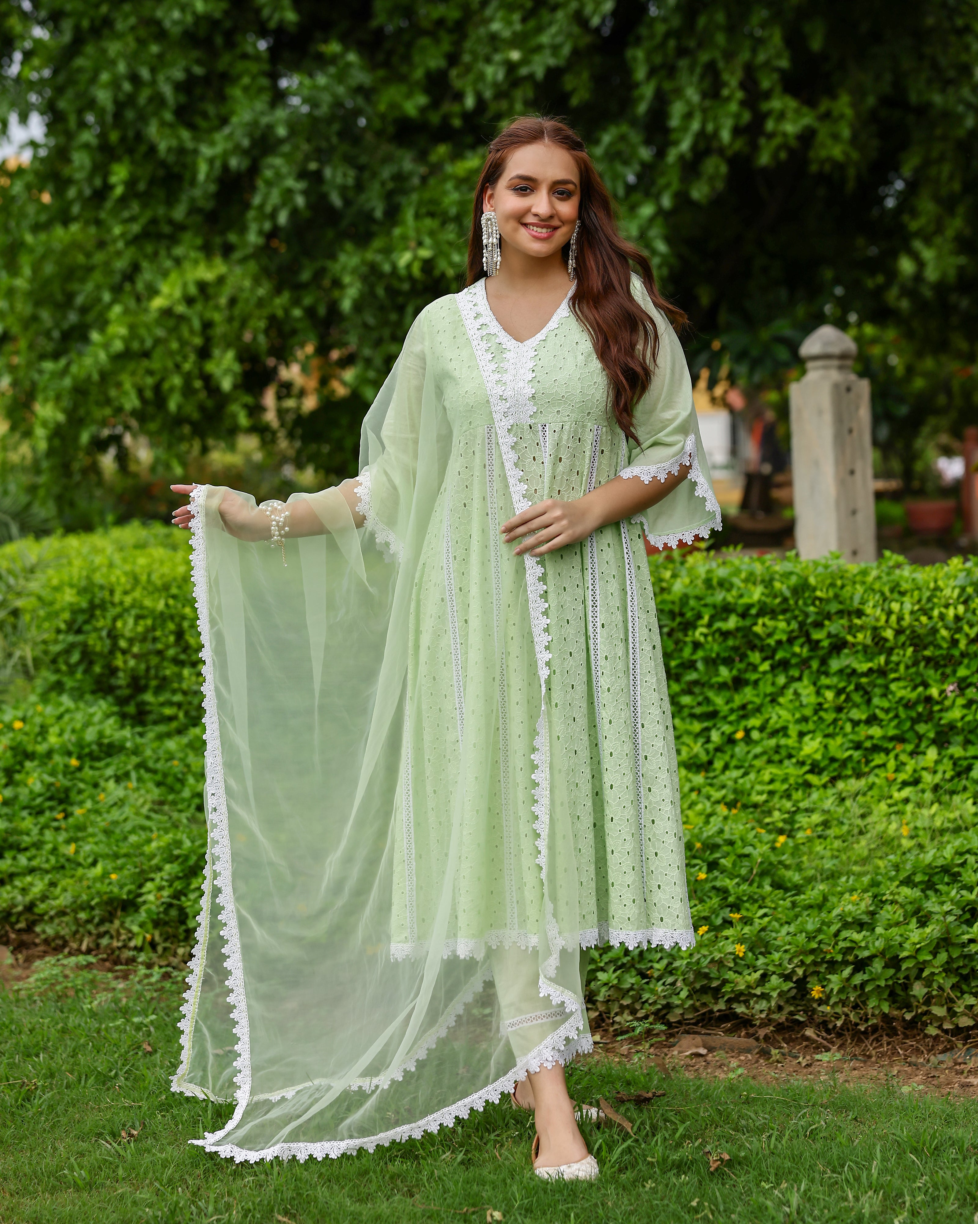Mint Green Cotton Schiffli Anarkali Set with Organza Dupatta