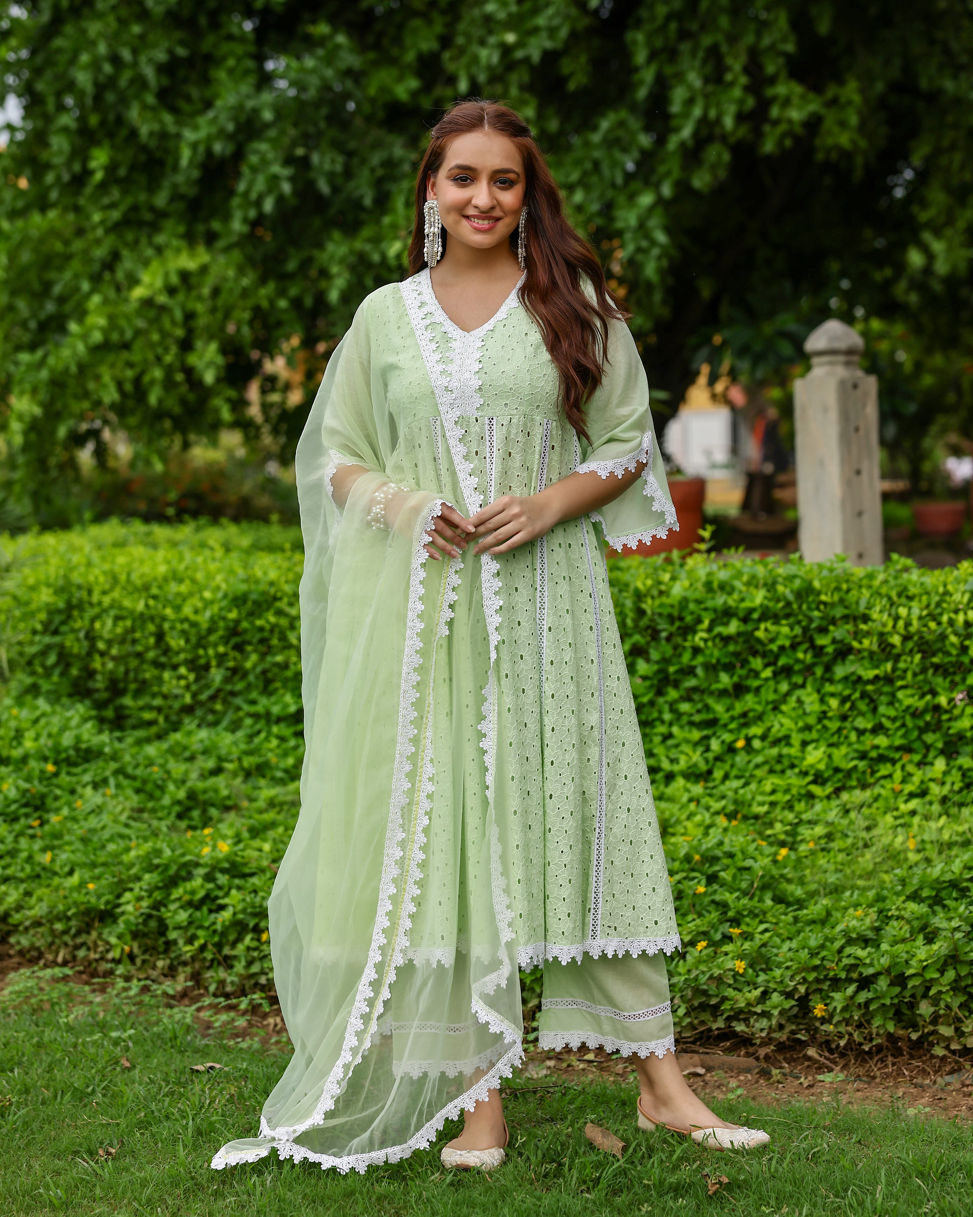 Mint Green Cotton Schiffli Anarkali Set with Organza Dupatta