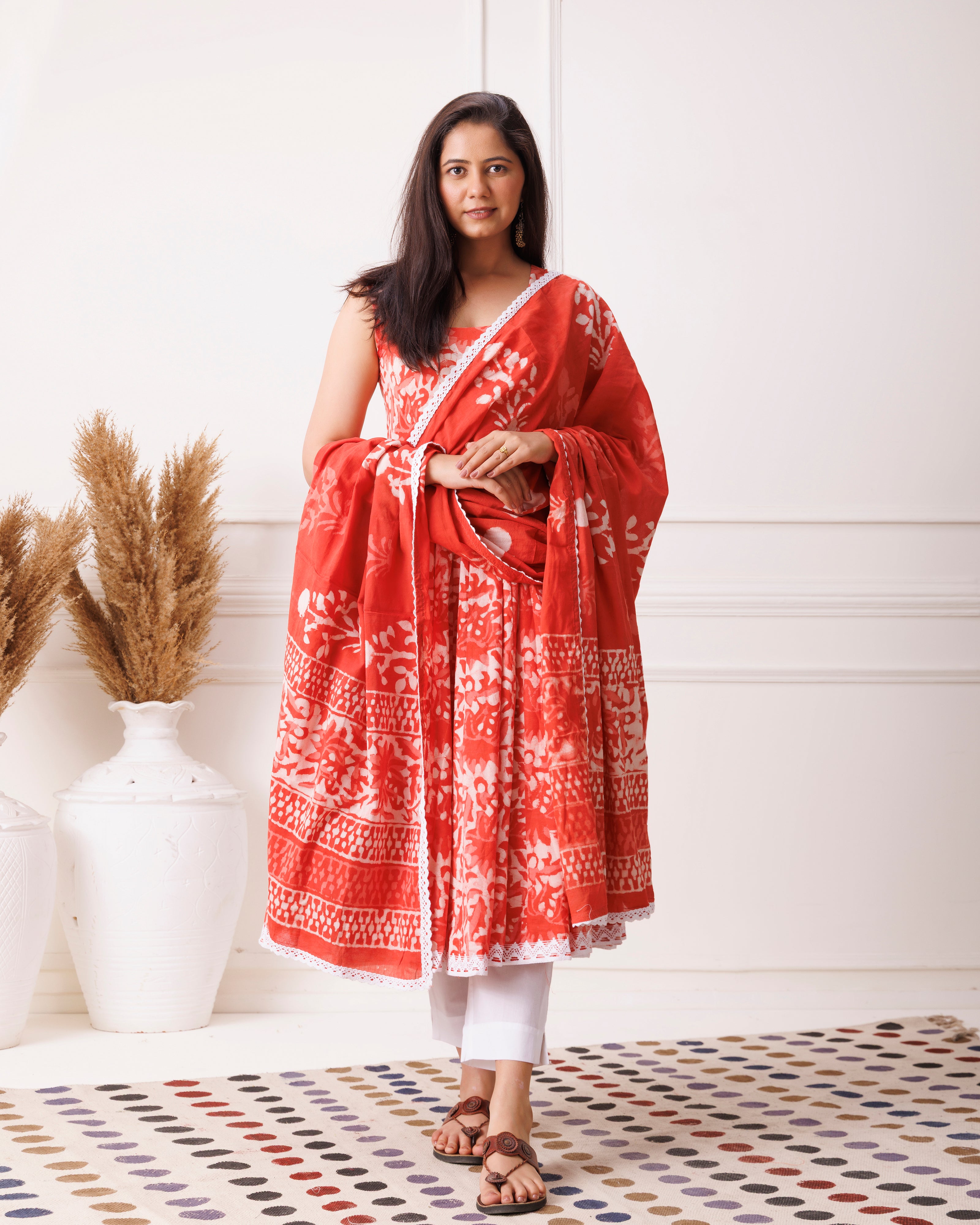 Red Dabu Print Sleeveless Anarkali Suit
