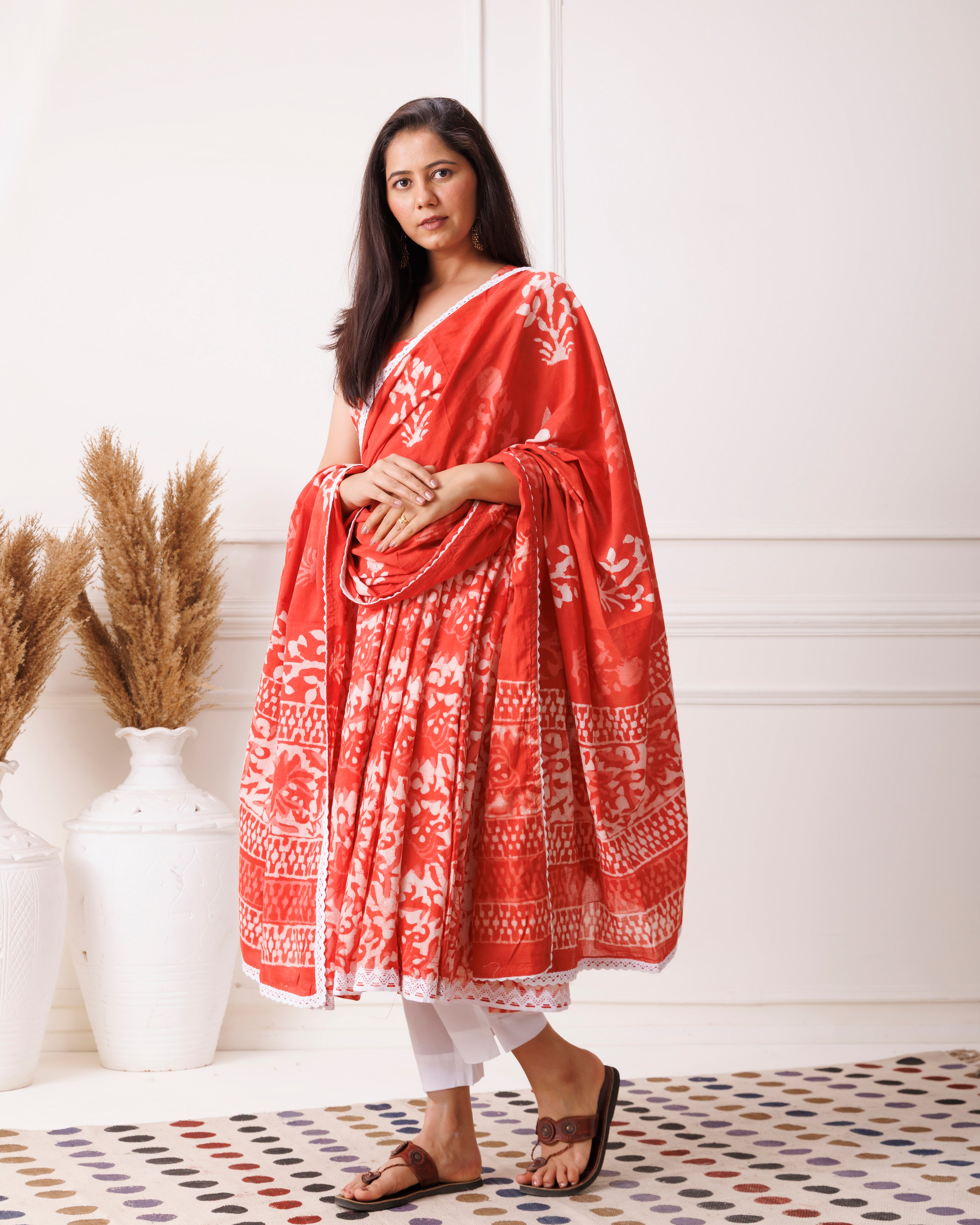 Red Dabu Print Sleeveless Anarkali Suit