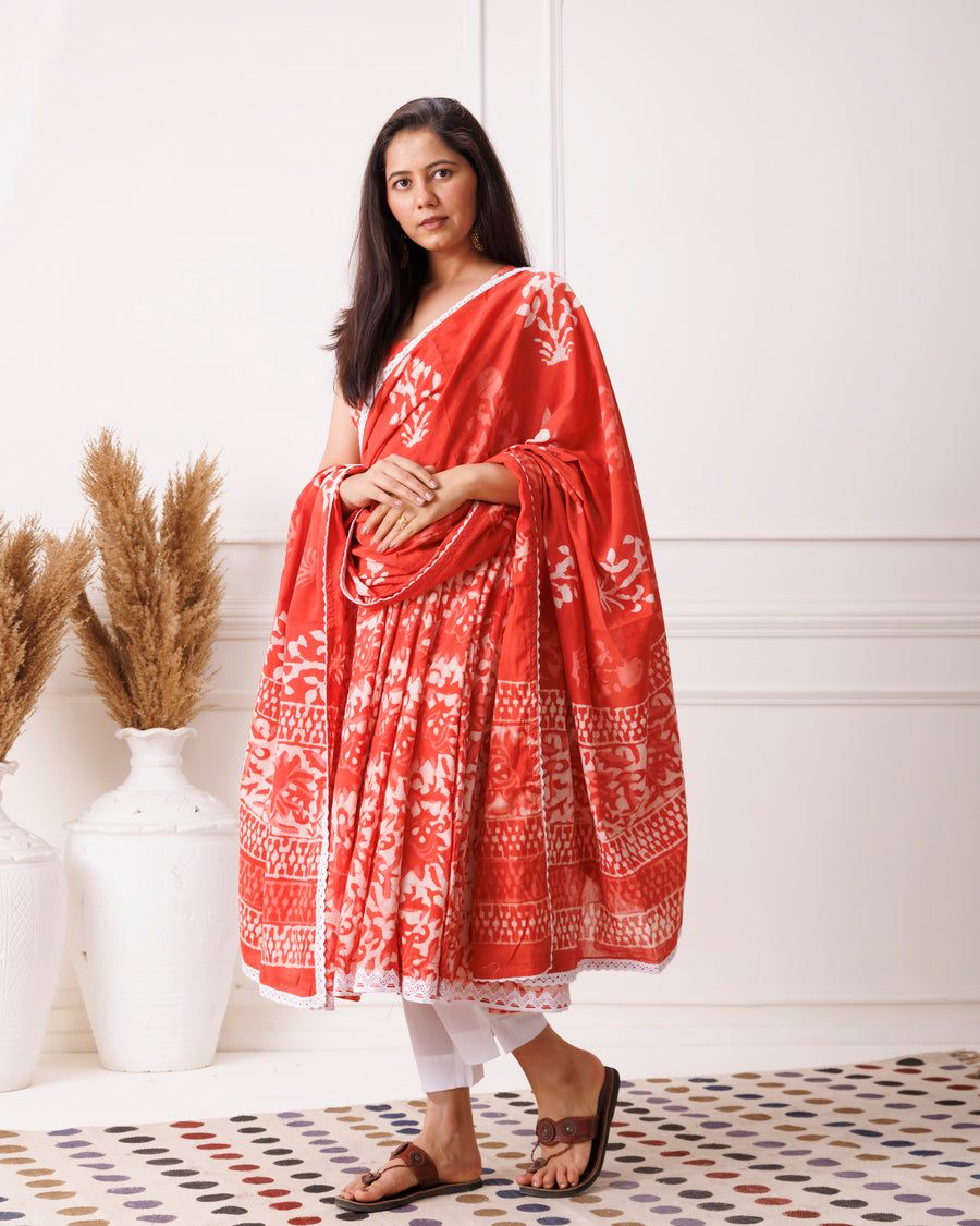 Red Dabu Print Sleeveless Anarkali Suit
