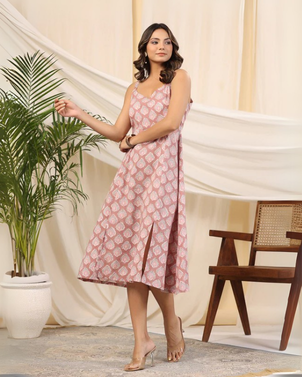 Mauve Handblock Printed Cotton Dress