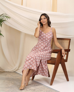 Mauve Handblock Printed Cotton Dress