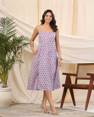 Lilac Handblock Printed Cotton Dress