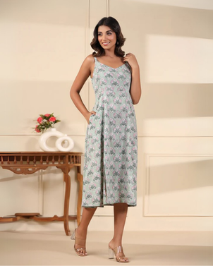 Sea Green Handblock Printed Cotton Dress